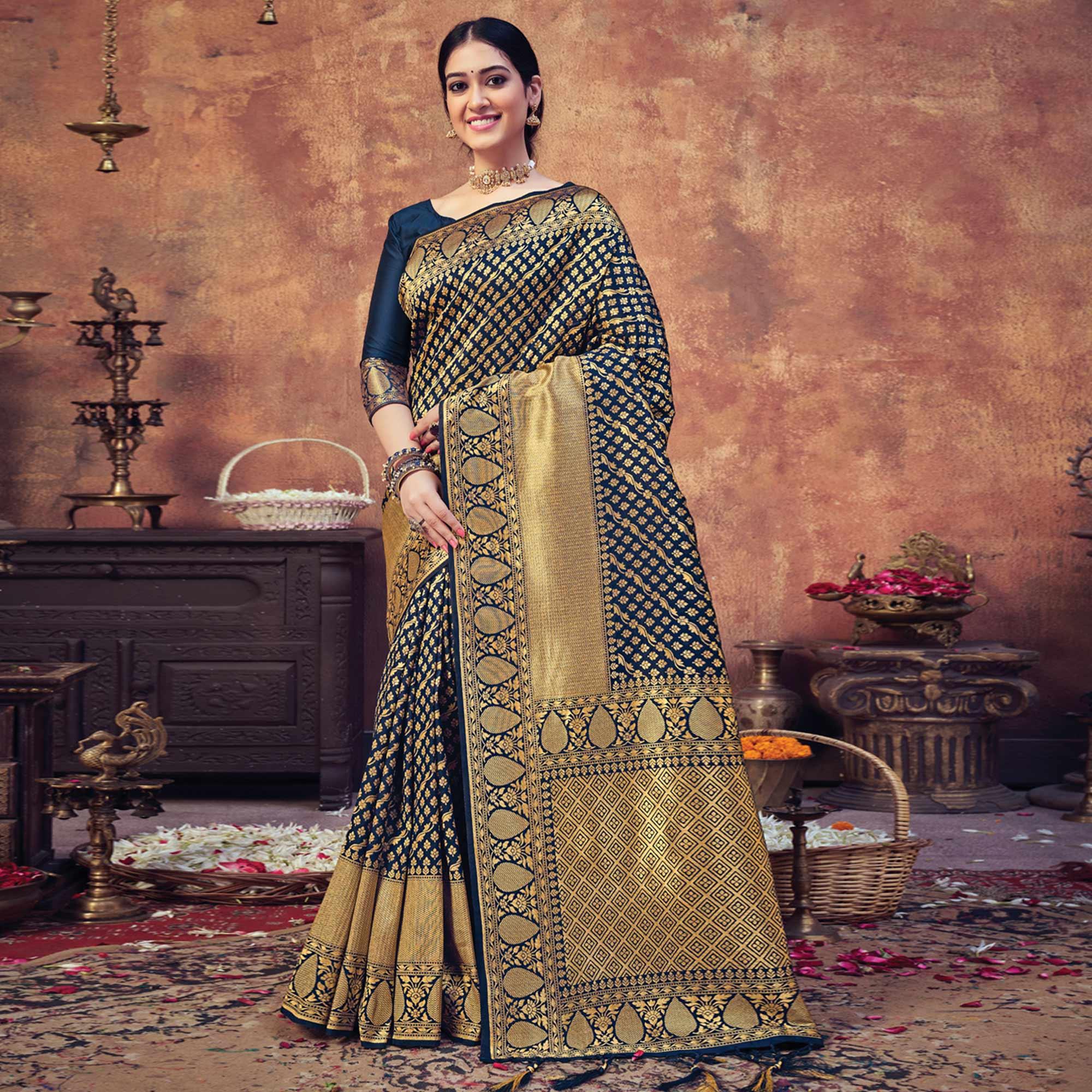 Navy Blue Festive Wear Woven Banarasi Silk Saree - Peachmode