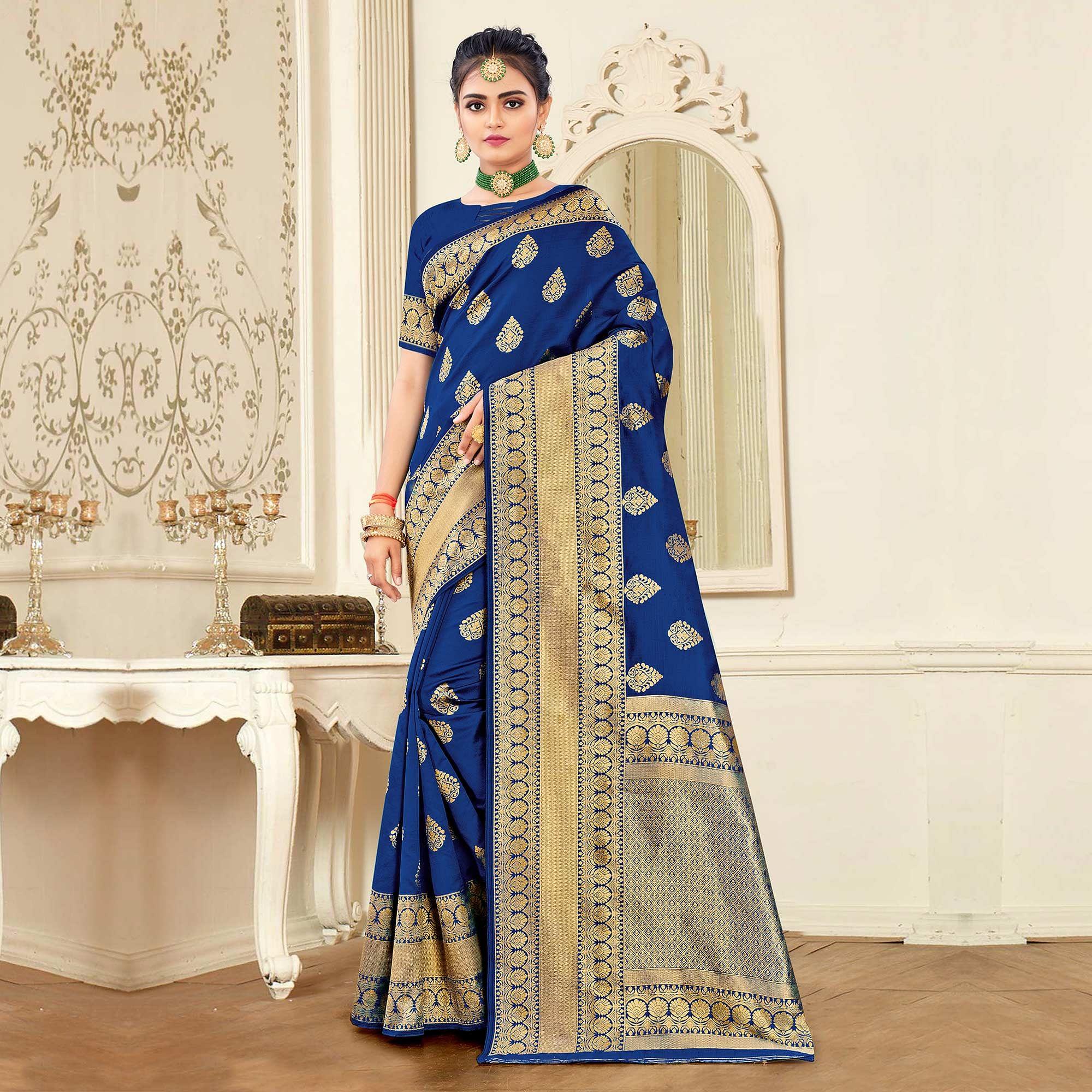 Navy Blue Festive Wear Woven Banarasi Silk Saree - Peachmode