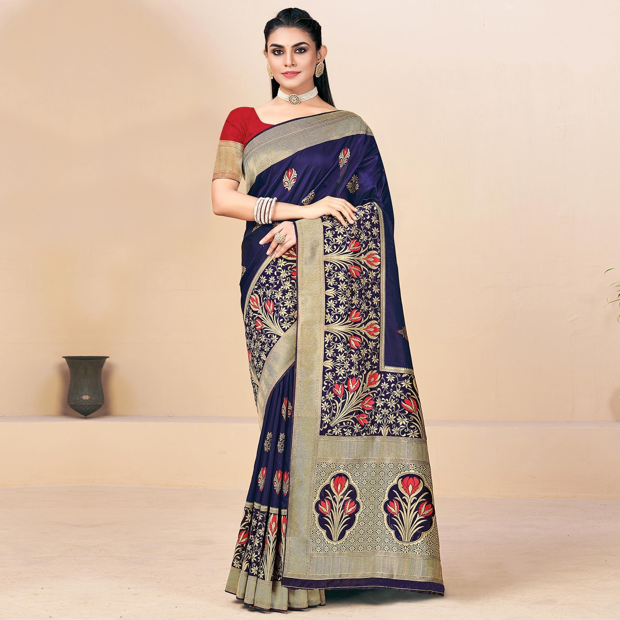 Navy Blue Festive Wear Woven Banarasi Silk Saree - Peachmode
