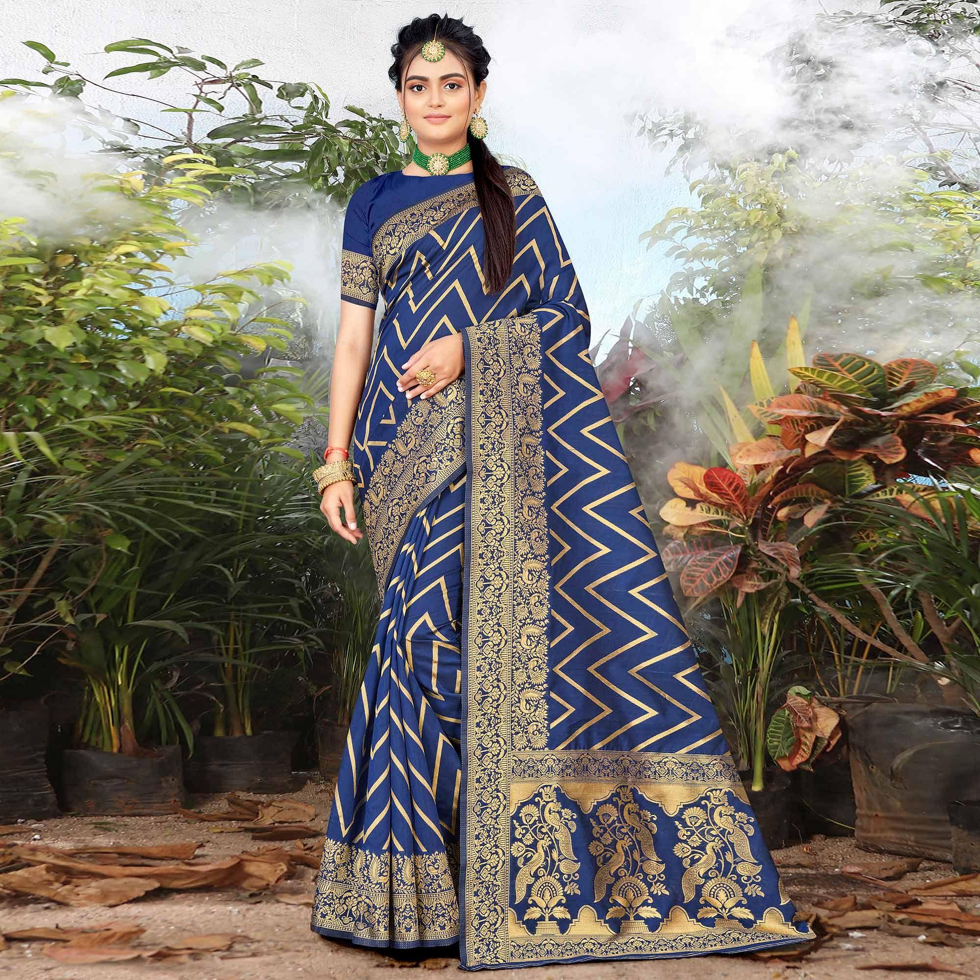Navy Blue Festive Wear Woven Banarasi Silk Saree - Peachmode