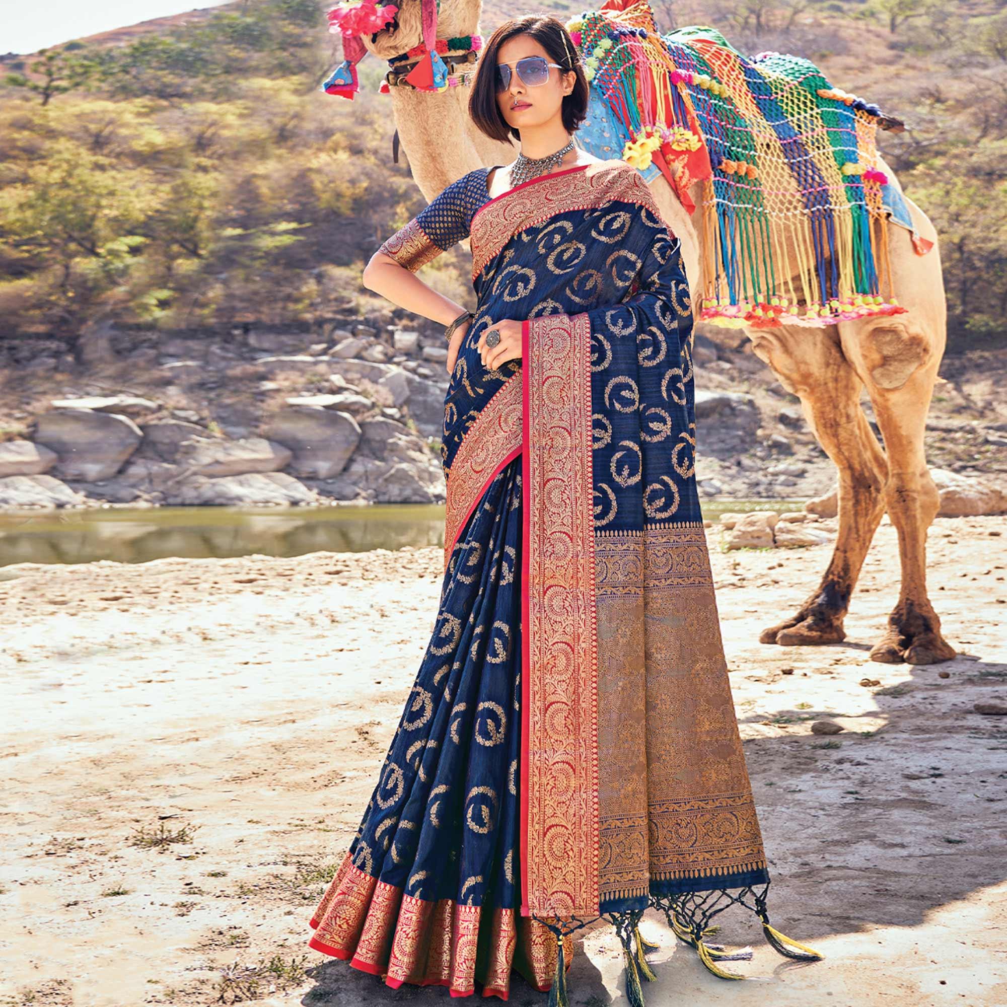 Navy Blue Festive Wear Woven Banarasi Silk Saree - Peachmode