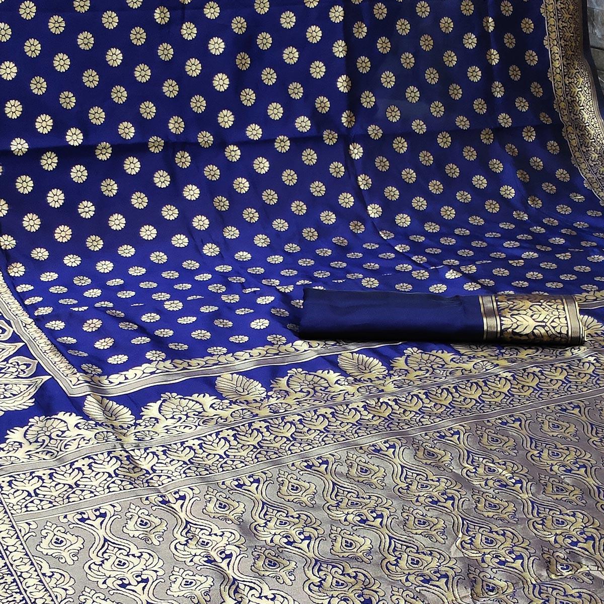 Navy Blue Festive Wear Woven Banarasi Silk Saree - Peachmode