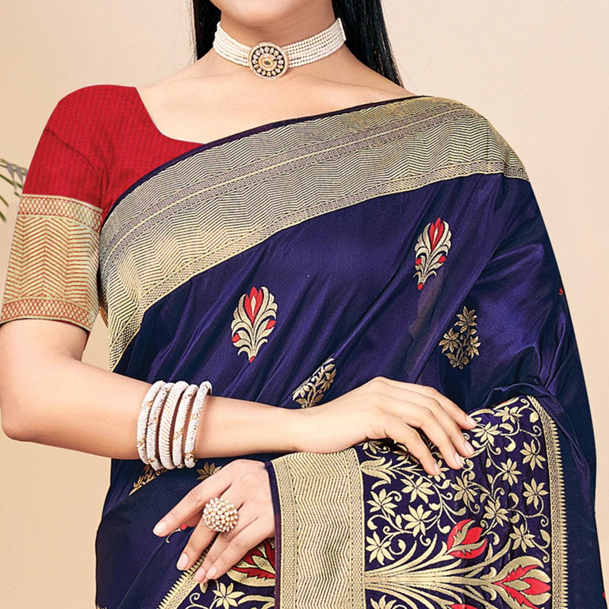 Navy Blue Festive Wear Woven Banarasi Silk Saree - Peachmode
