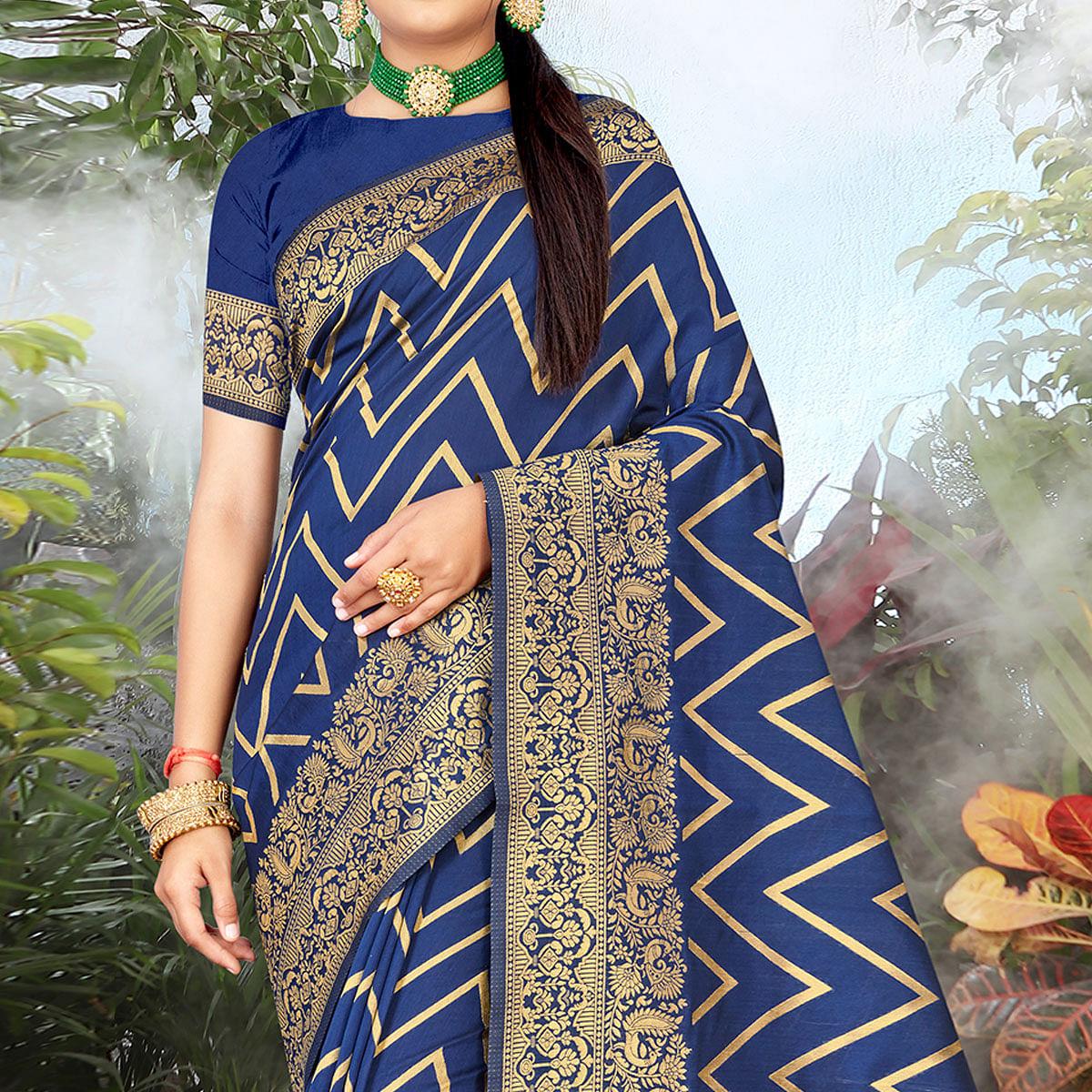 Navy Blue Festive Wear Woven Banarasi Silk Saree - Peachmode