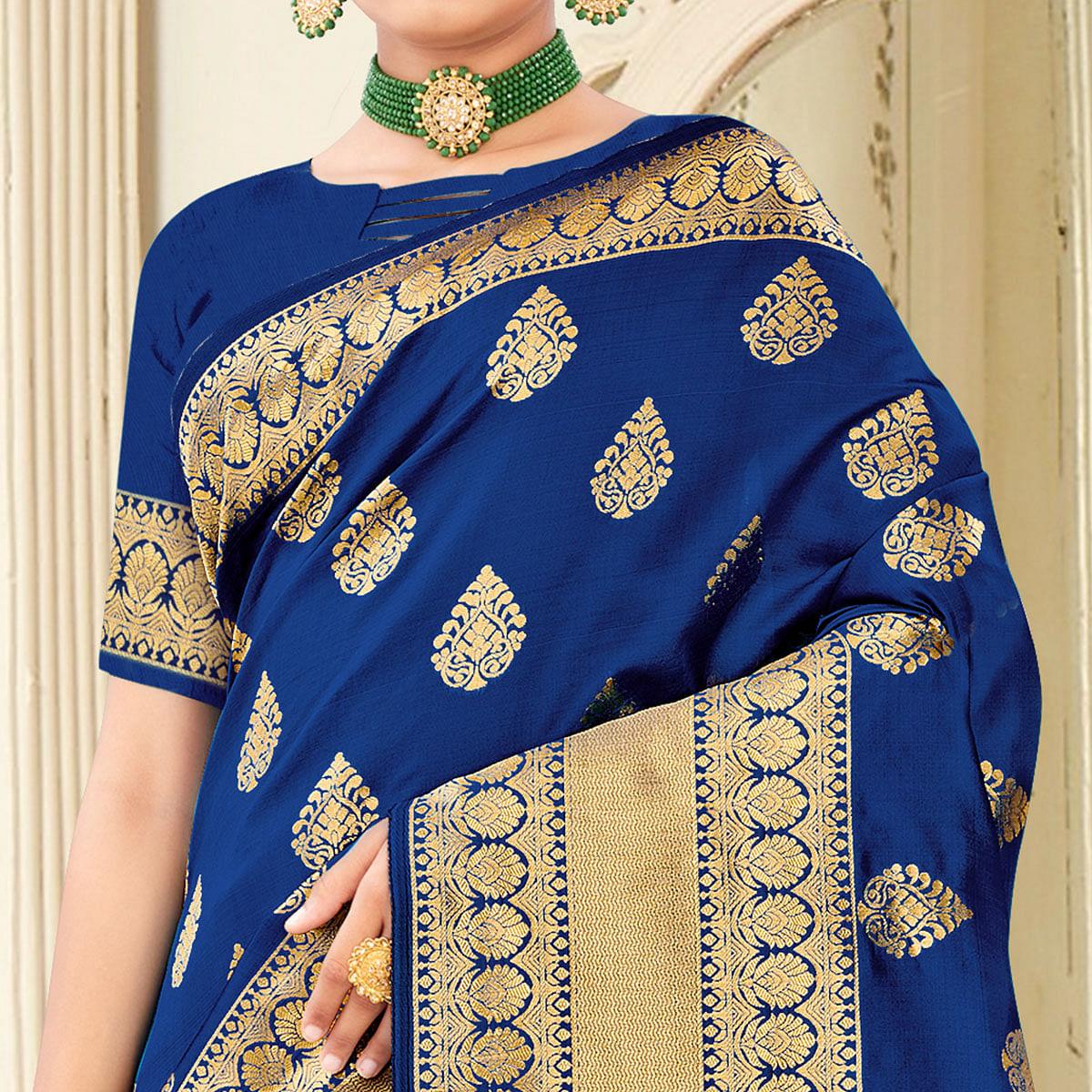 Navy Blue Festive Wear Woven Banarasi Silk Saree - Peachmode