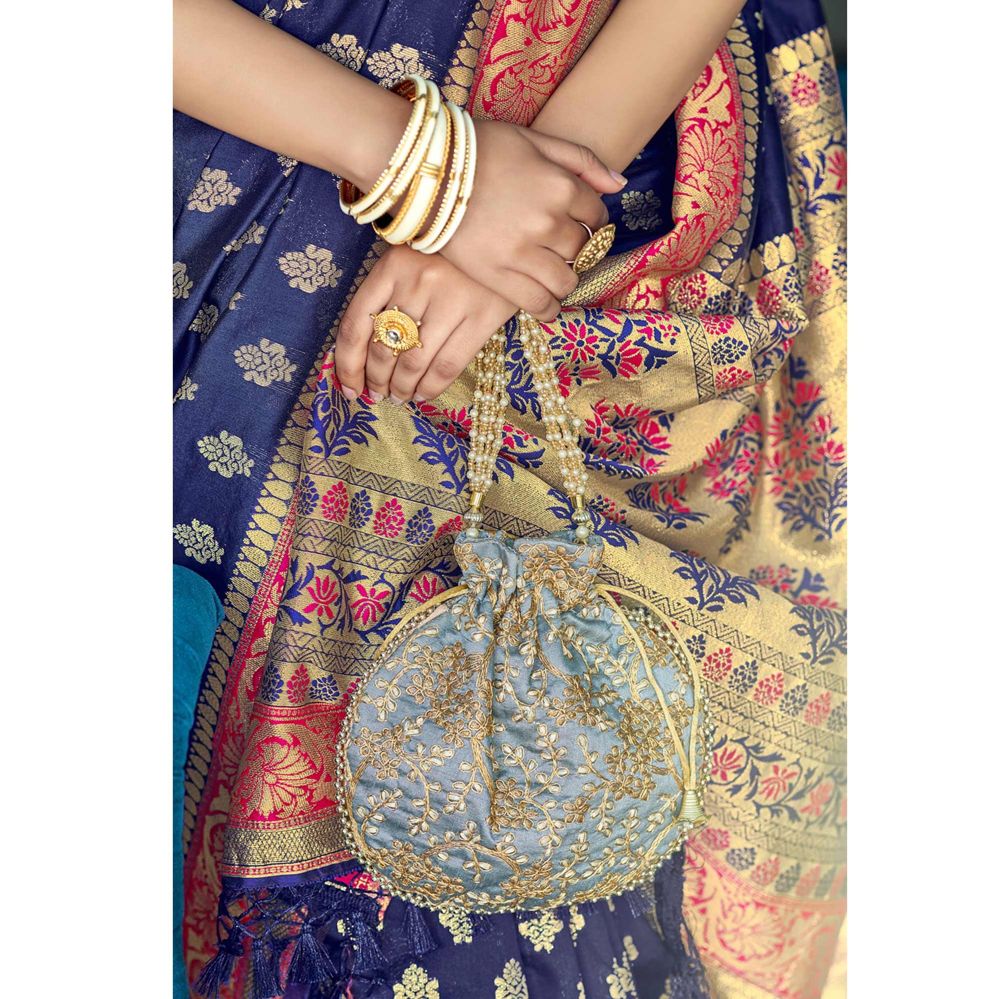 Navy Blue Festive Wear Woven Banarasi Silk Saree - Peachmode