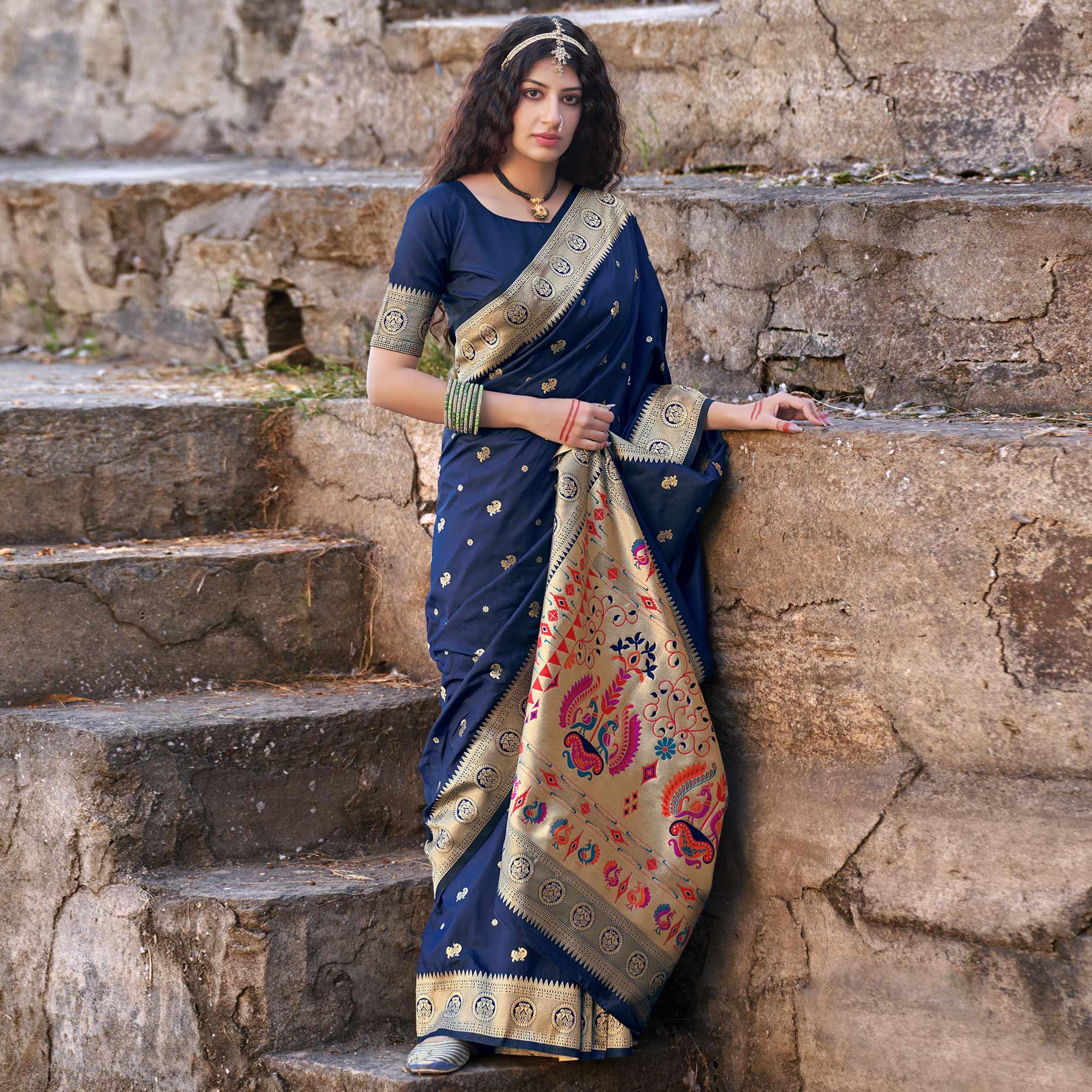 Navy Blue Festive Wear Woven Banarasi Silk Saree - Peachmode