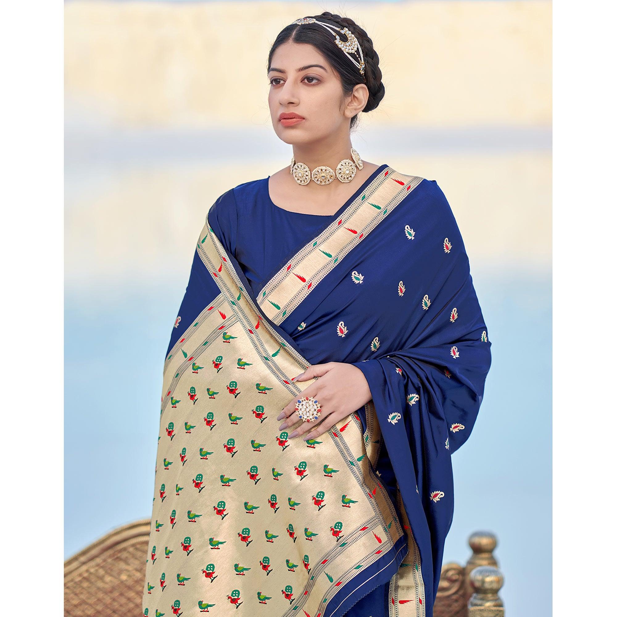 Navy Blue Festive Wear Woven Banarasi Silk Saree - Peachmode