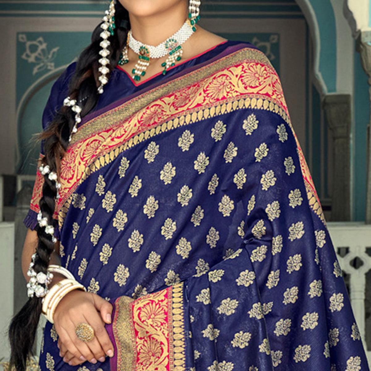Navy Blue Festive Wear Woven Banarasi Silk Saree - Peachmode