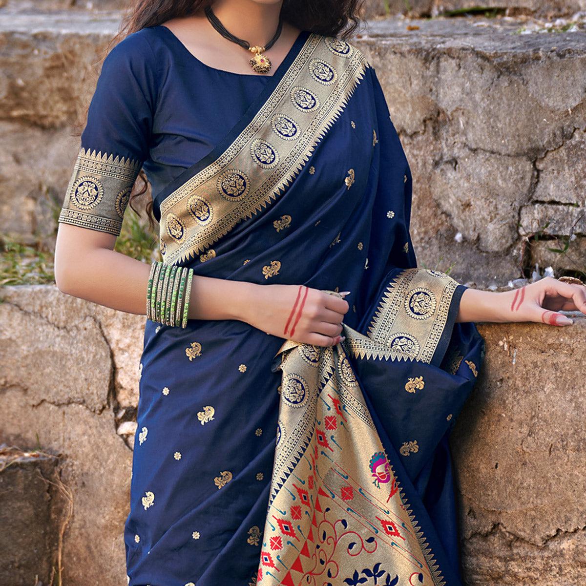Navy Blue Festive Wear Woven Banarasi Silk Saree - Peachmode