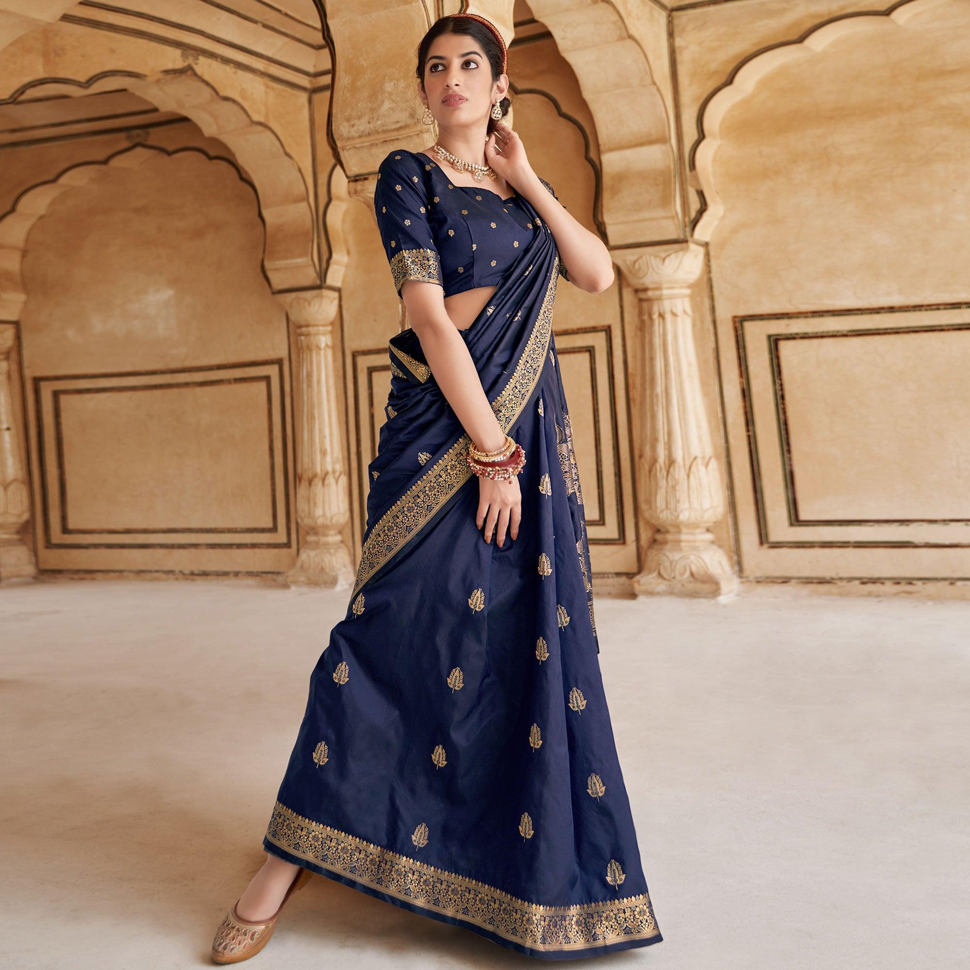 Navy Blue Festive Wear Woven Banarasi Silk Saree - Peachmode