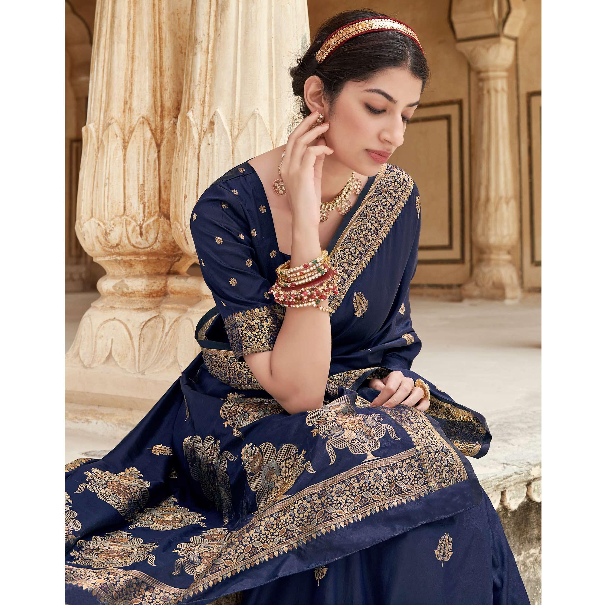 Navy Blue Festive Wear Woven Banarasi Silk Saree - Peachmode