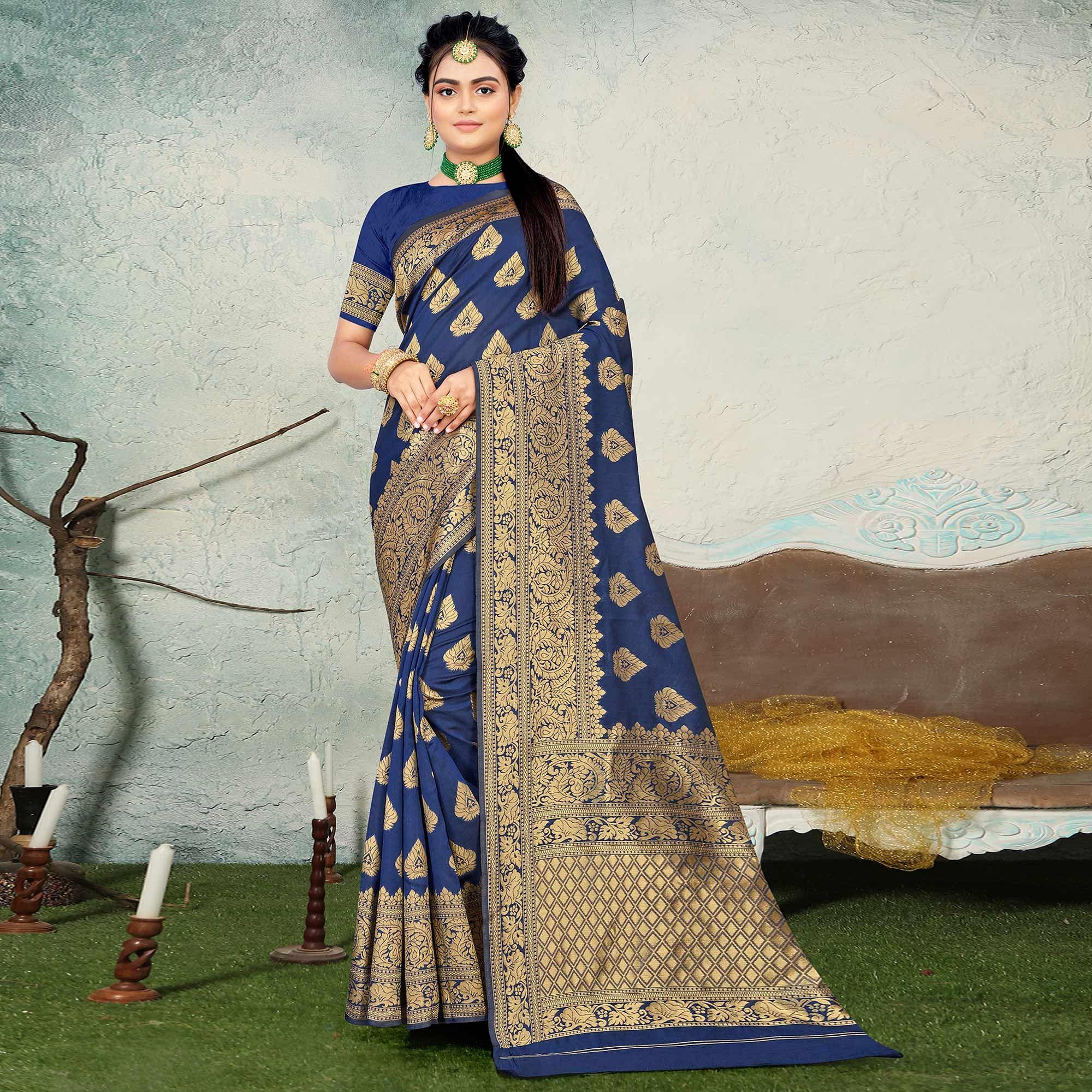 Navy Blue Festive Wear Woven Banarasi Silk Saree - Peachmode