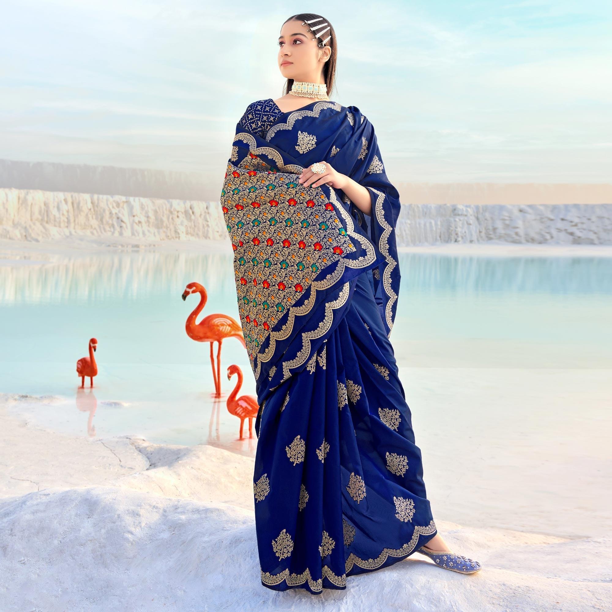 Navy Blue Festive Wear Woven Banarasi Soft Silk Saree - Peachmode