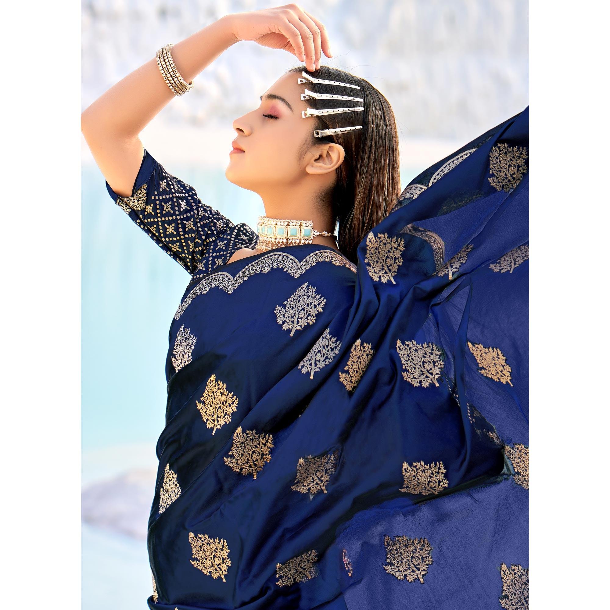 Navy Blue Festive Wear Woven Banarasi Soft Silk Saree - Peachmode