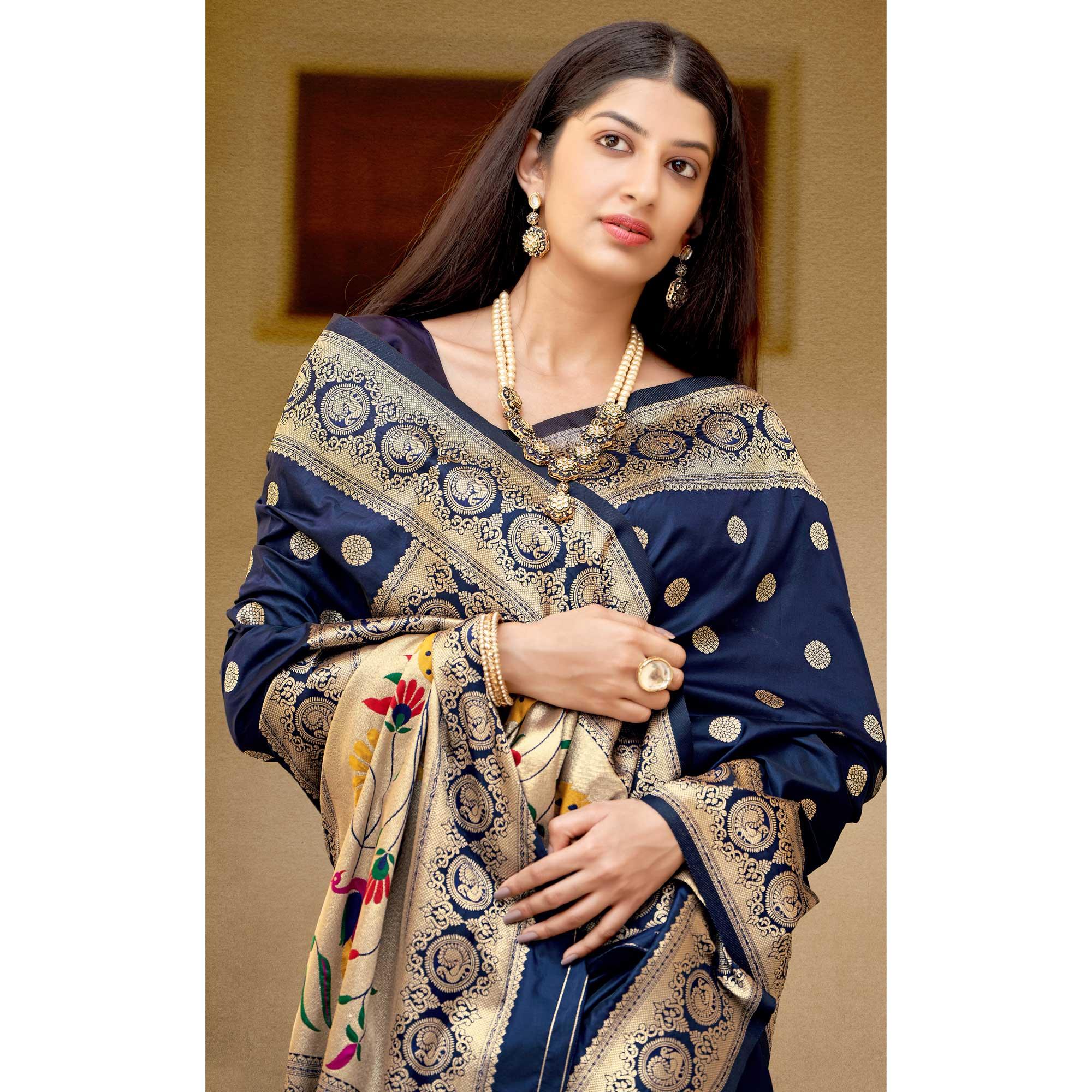 Navy Blue Festive Wear Woven Banarasi Soft Silk Saree - Peachmode