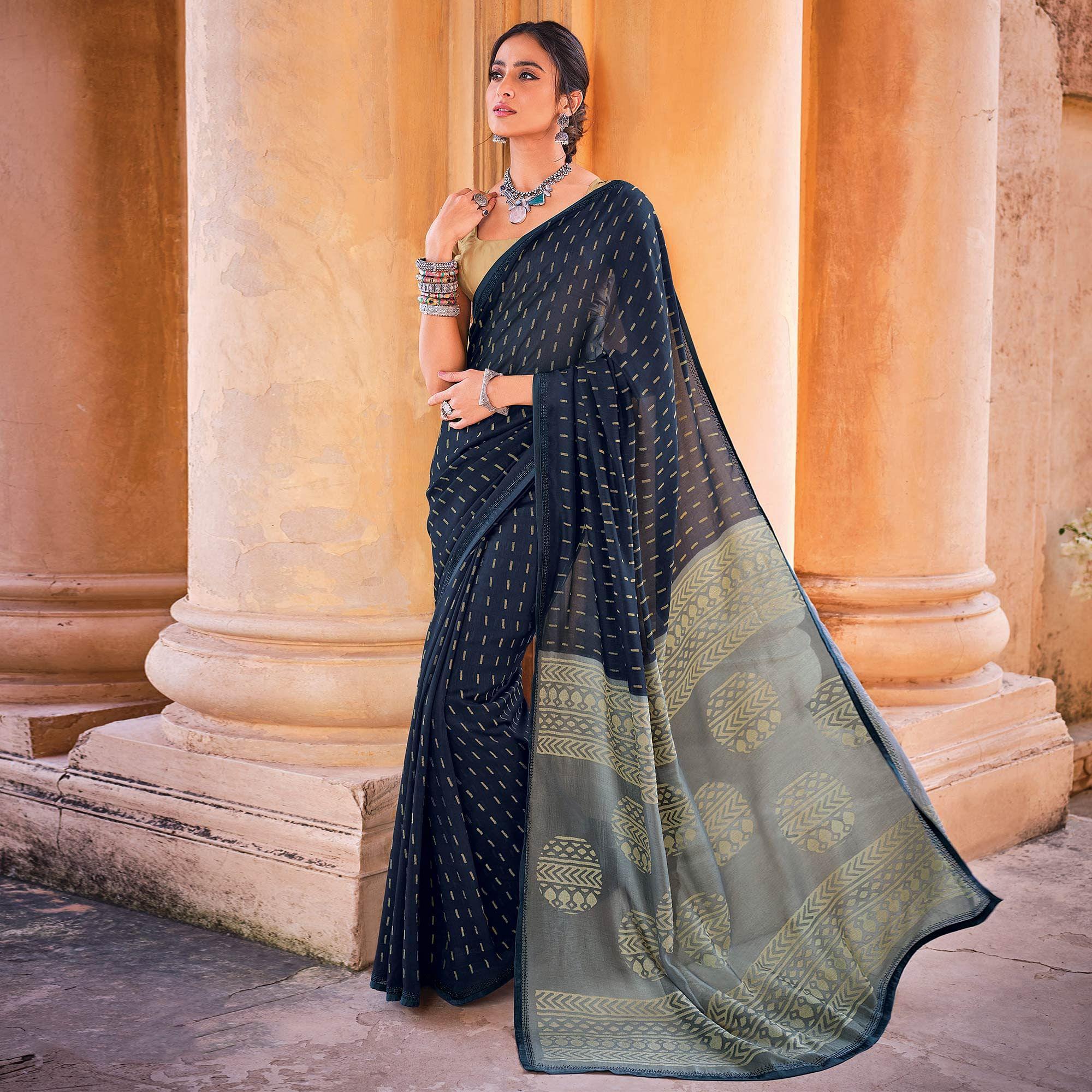 Navy Blue Festive Wear Woven Brasso Saree - Peachmode
