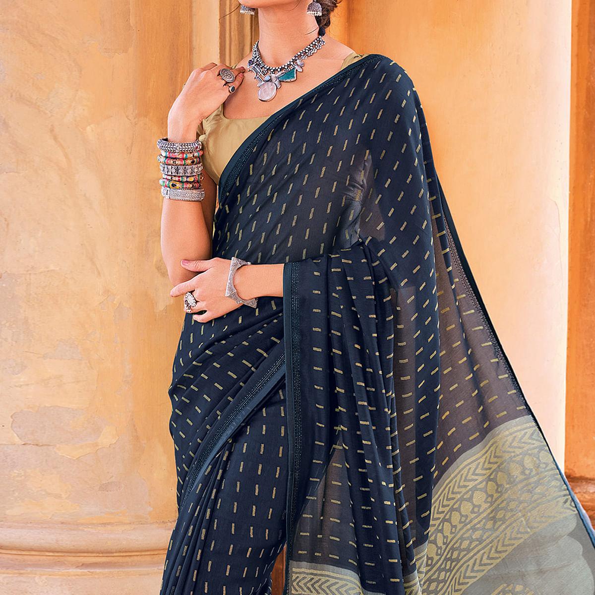 Navy Blue Festive Wear Woven Brasso Saree - Peachmode