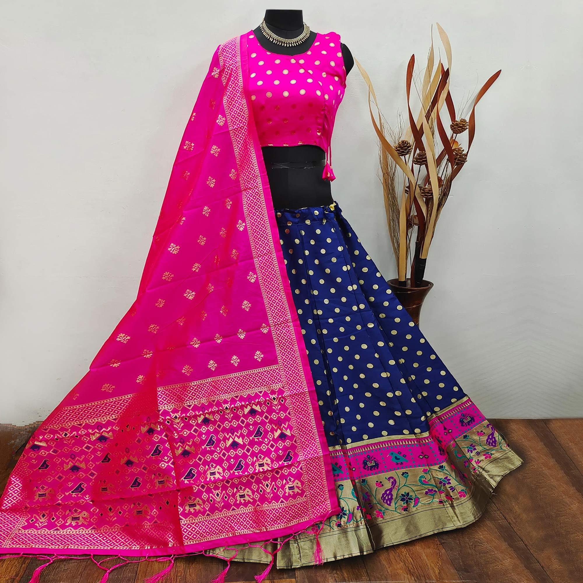 Navy Blue Festive Wear Woven Brocade Lehenga Choli - Peachmode