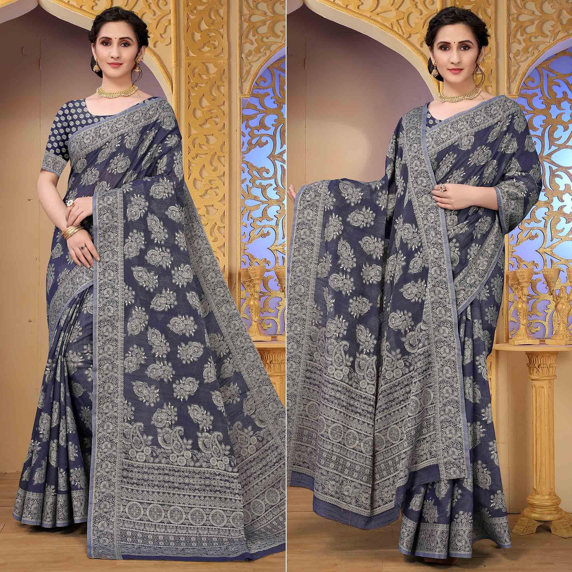 Navy Blue Festive Wear Woven Cotton Saree - Peachmode