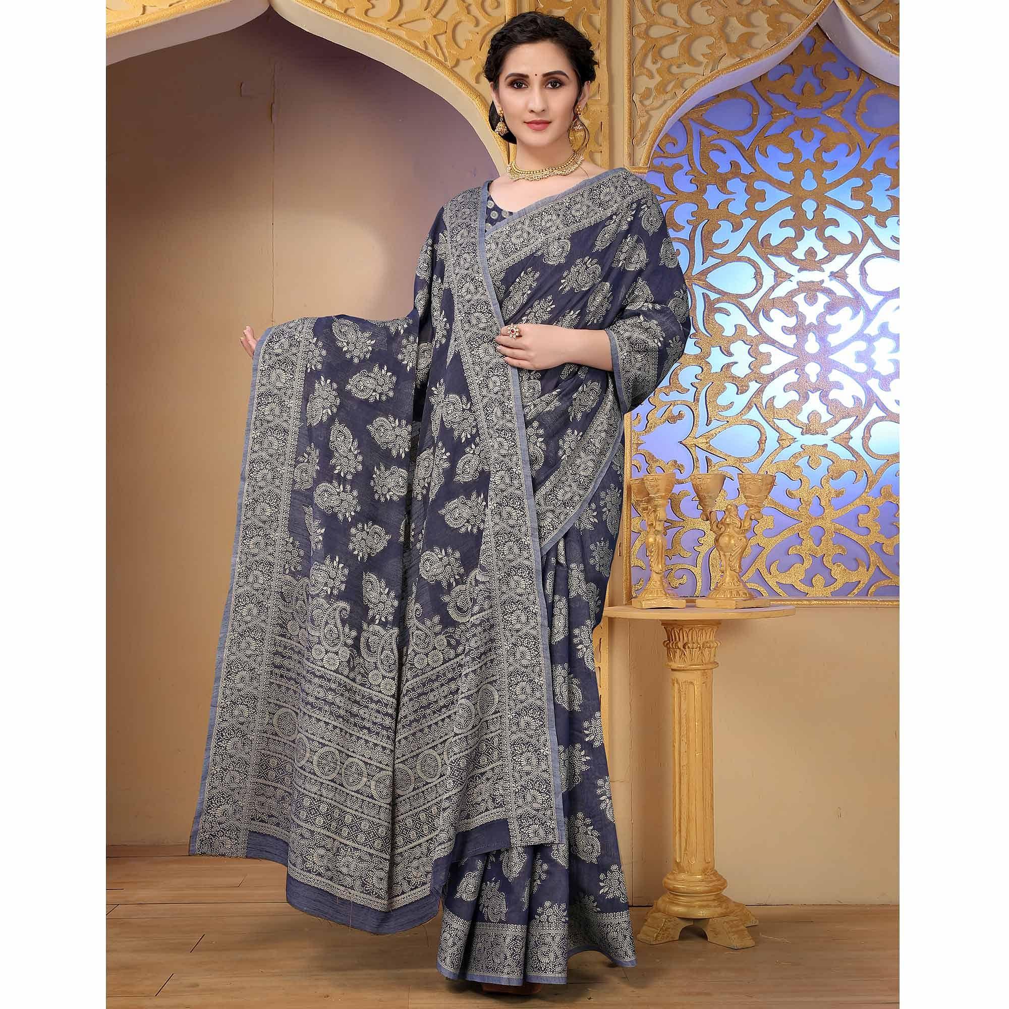 Navy Blue Festive Wear Woven Cotton Saree - Peachmode