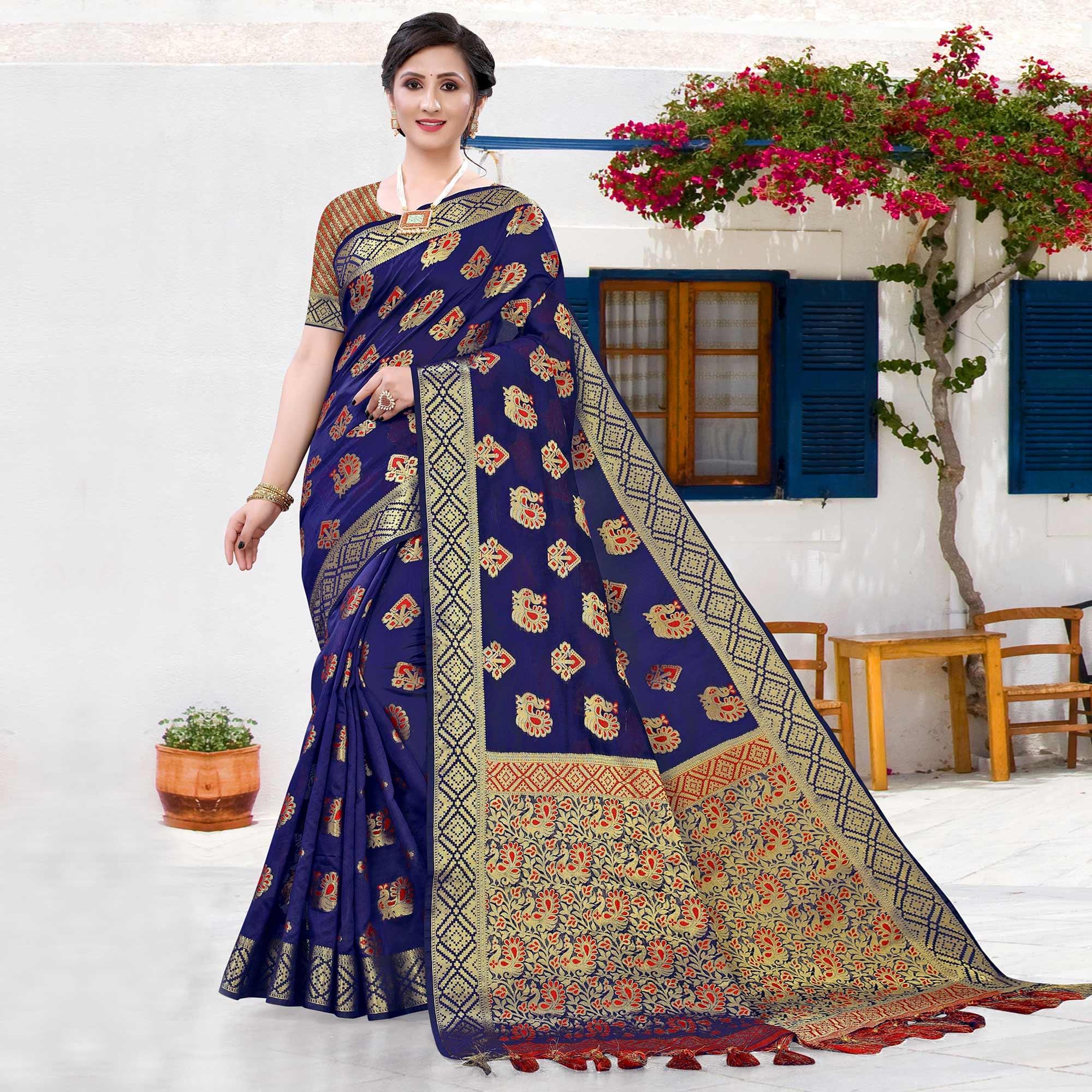 Navy Blue Festive Wear Woven Cotton Saree With Tassels - Peachmode