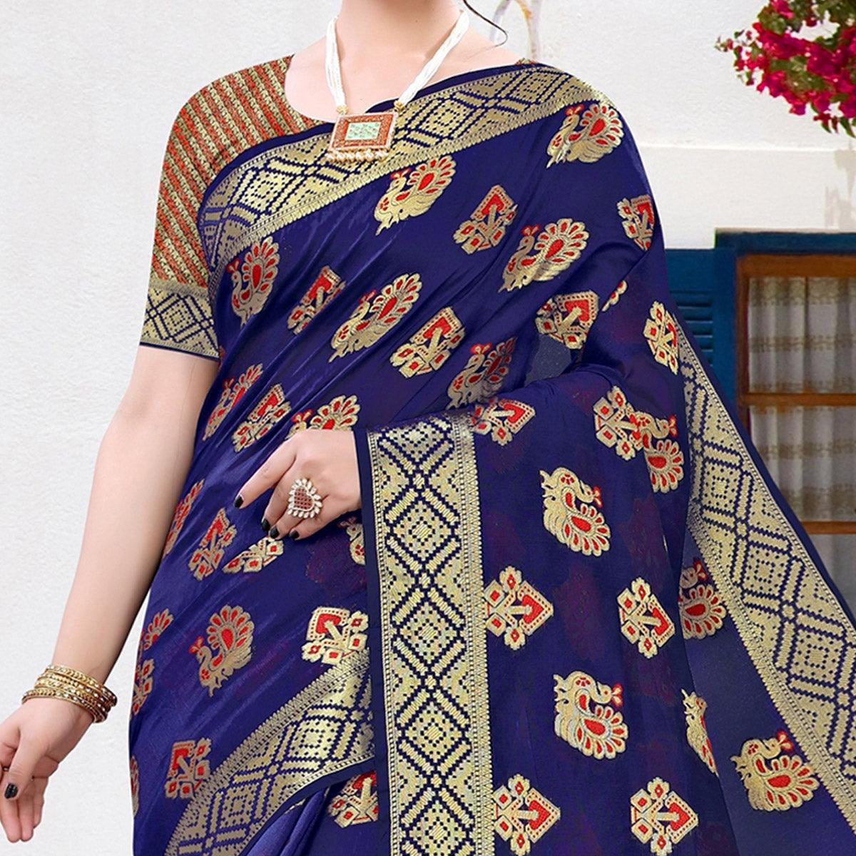 Navy Blue Festive Wear Woven Cotton Saree With Tassels - Peachmode