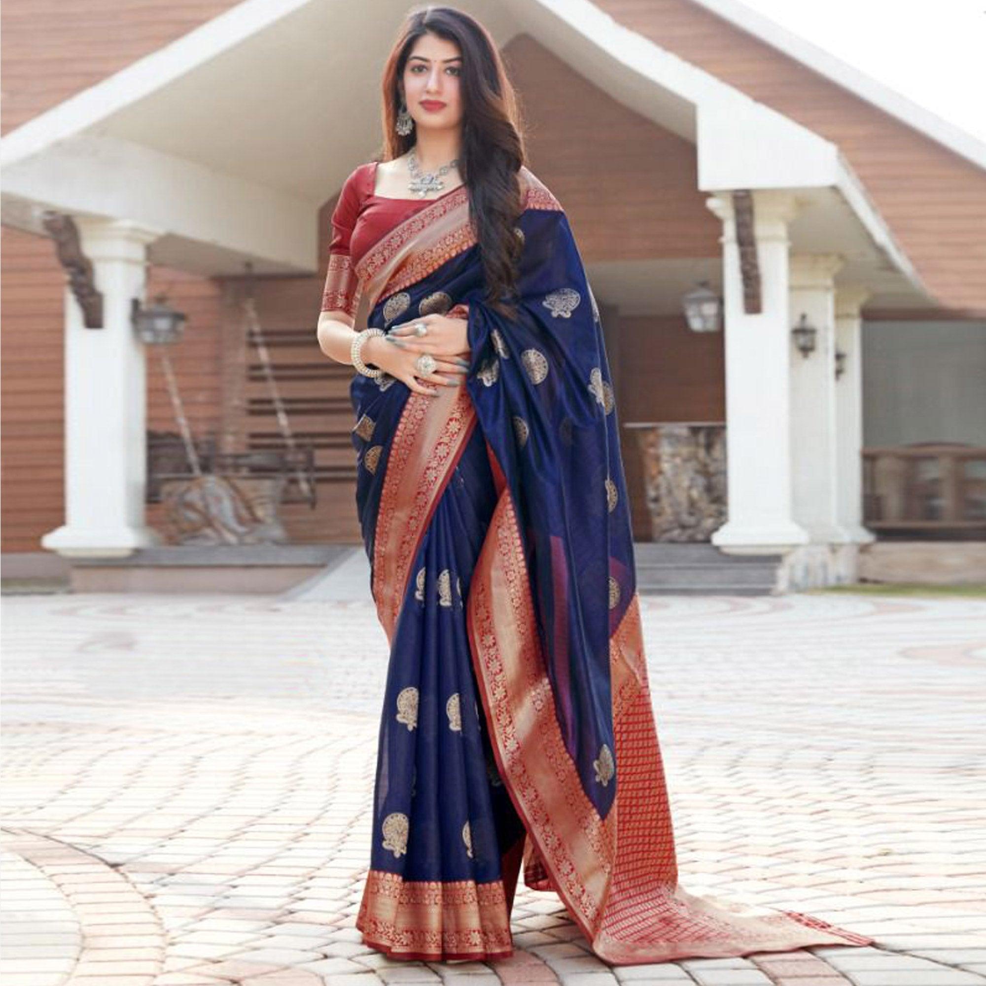 Navy Blue Festive Wear Woven Designer Art Silk Saree - Peachmode