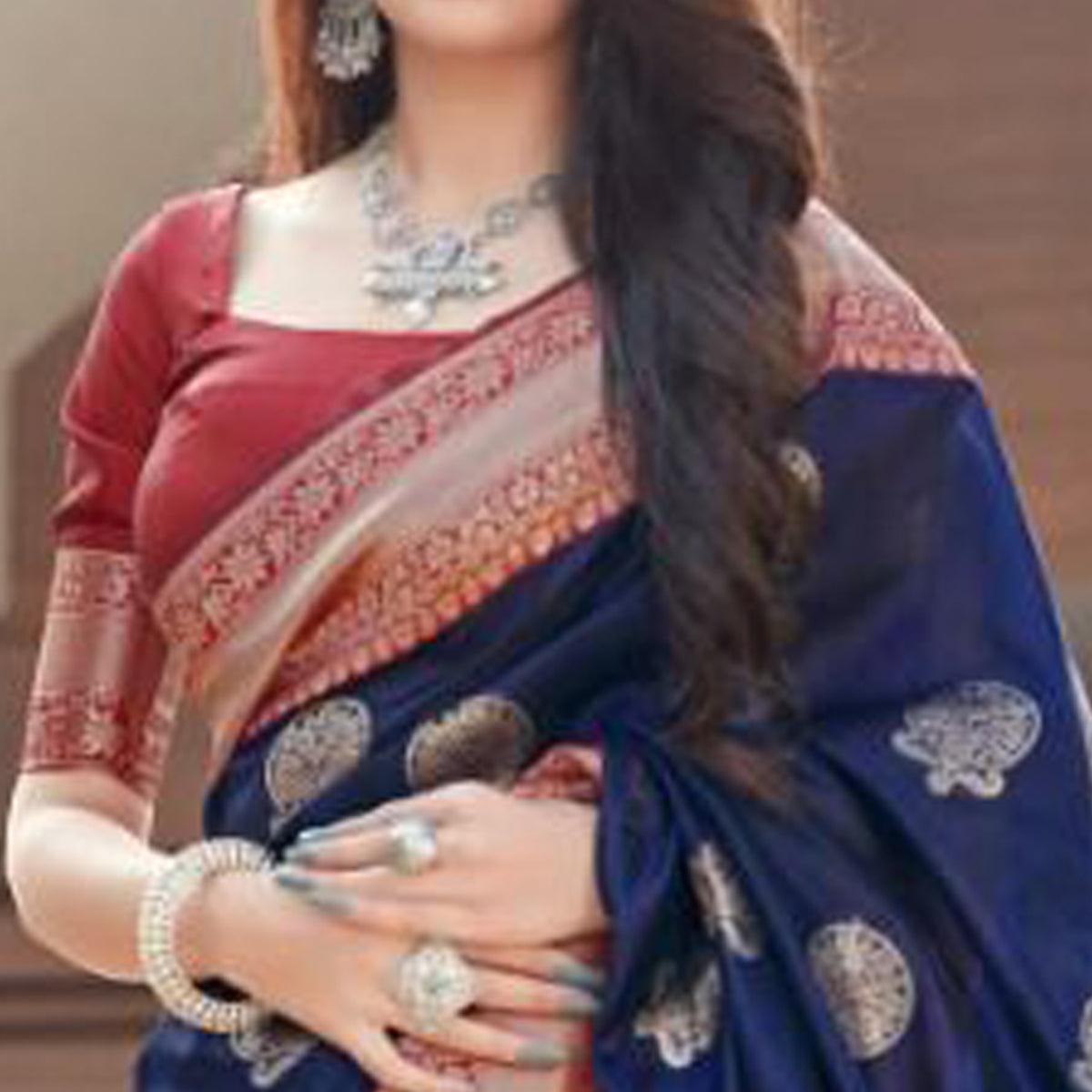 Navy Blue Festive Wear Woven Designer Art Silk Saree - Peachmode