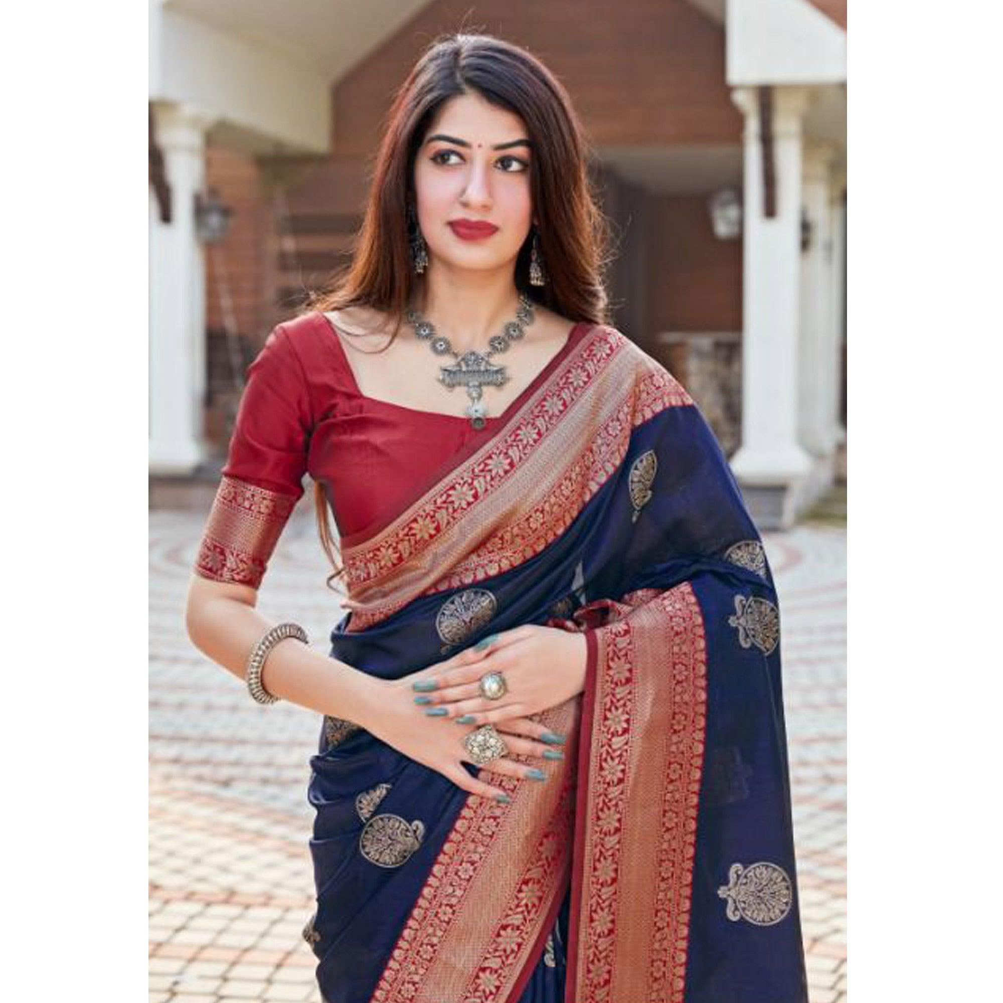 Navy Blue Festive Wear Woven Designer Art Silk Saree - Peachmode