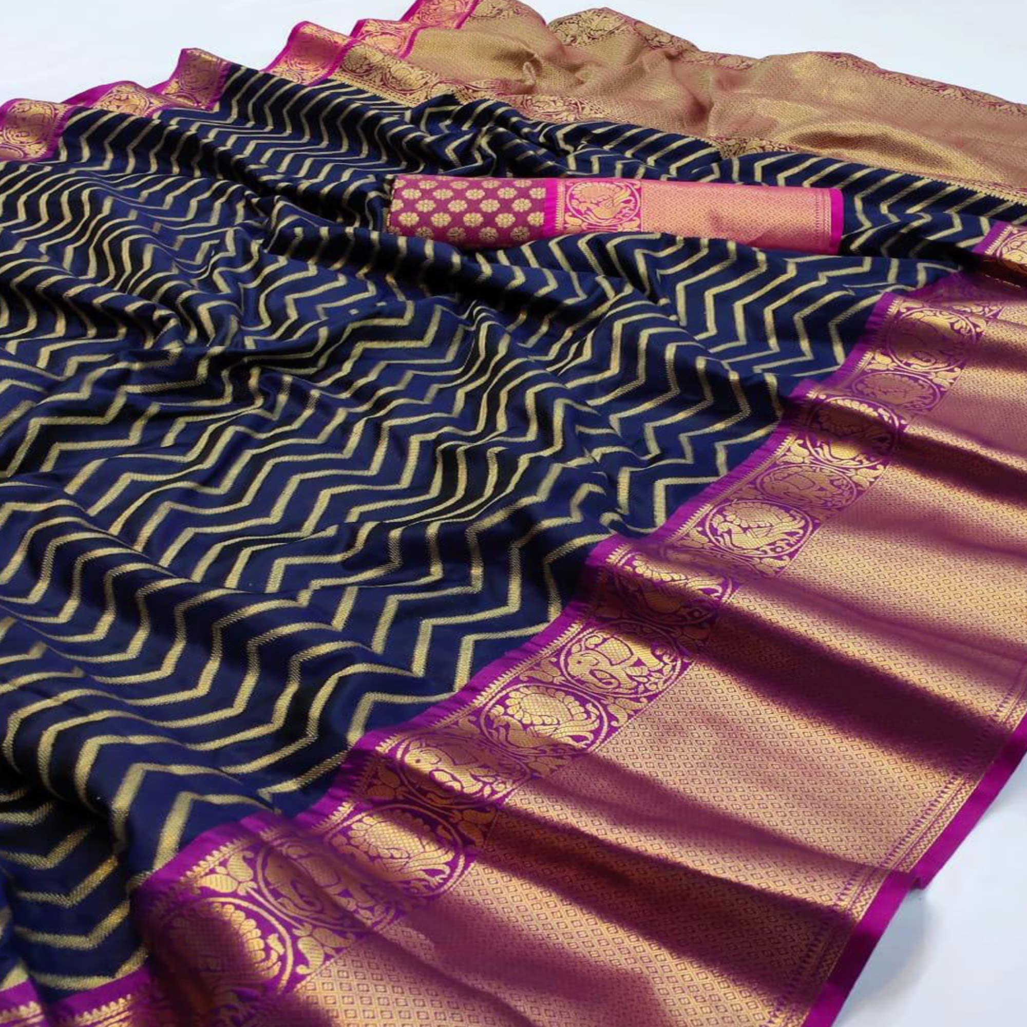 Navy Blue Festive Wear Woven Designer With Meena Butta Rich Pallu Silk Saree - Peachmode