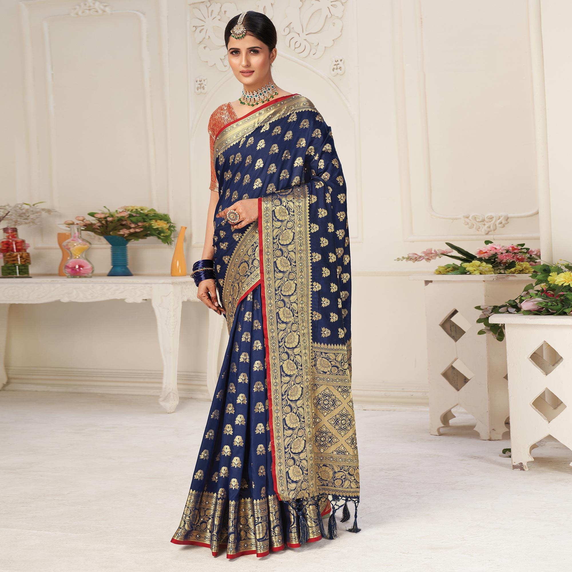 Navy Blue Festive Wear Woven-Embellished Silk Saree With Tassels - Peachmode