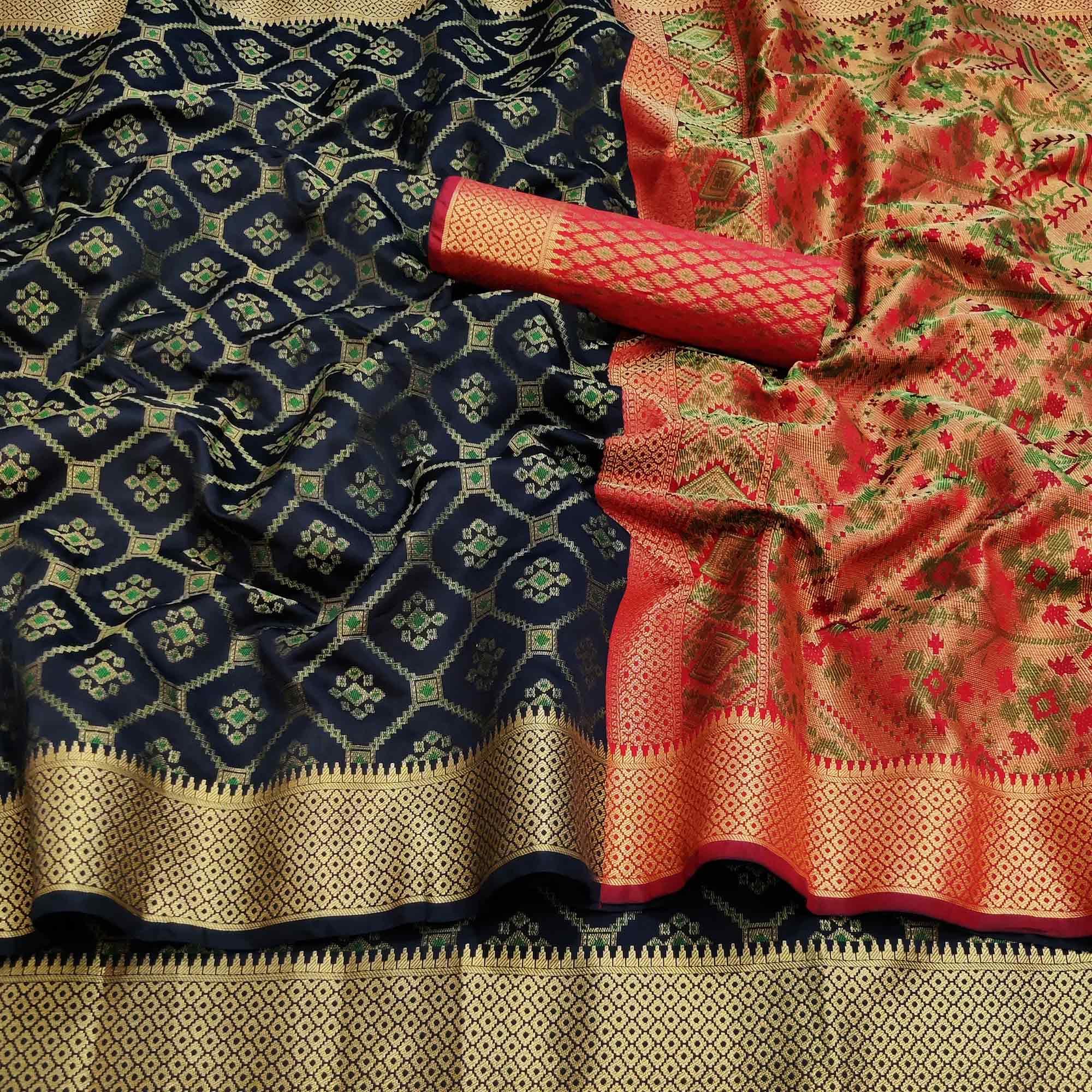 Navy Blue Festive Wear Woven Heavy Banarasi Silk Saree - Peachmode