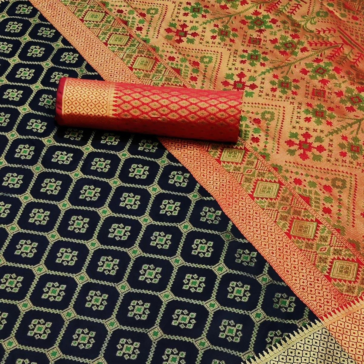 Navy Blue Festive Wear Woven Heavy Banarasi Silk Saree - Peachmode