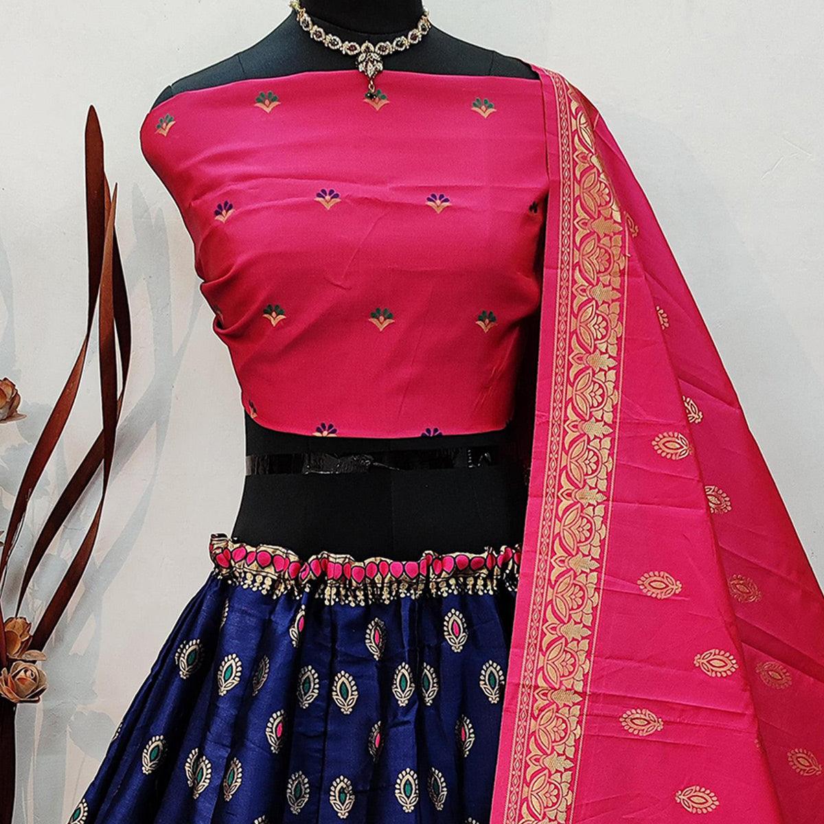 Navy Blue Festive Wear Woven Heavy Brocade Lehenga Choli - Peachmode