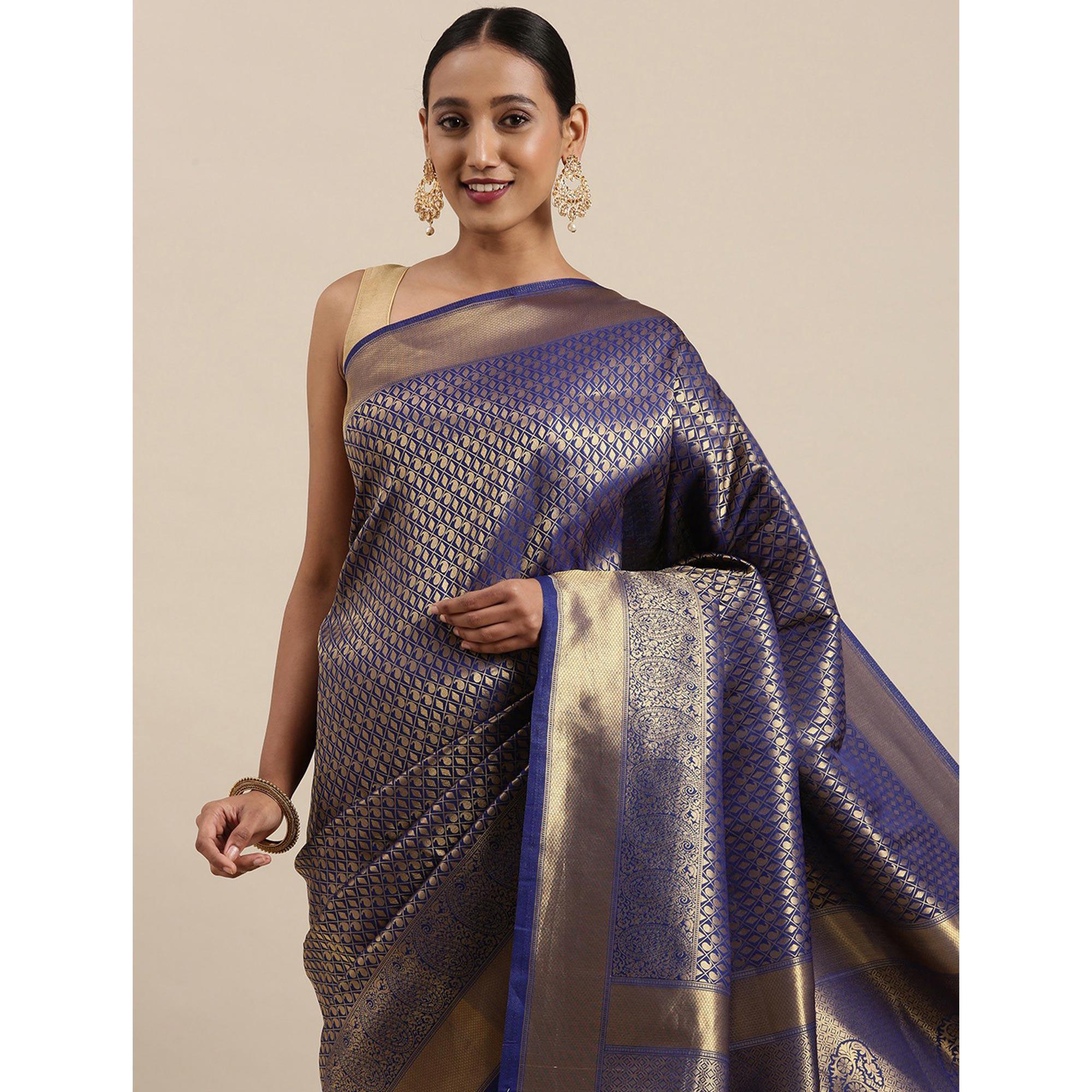 Navy Blue Festive Wear Woven Kanjivaram Silk Saree - Peachmode
