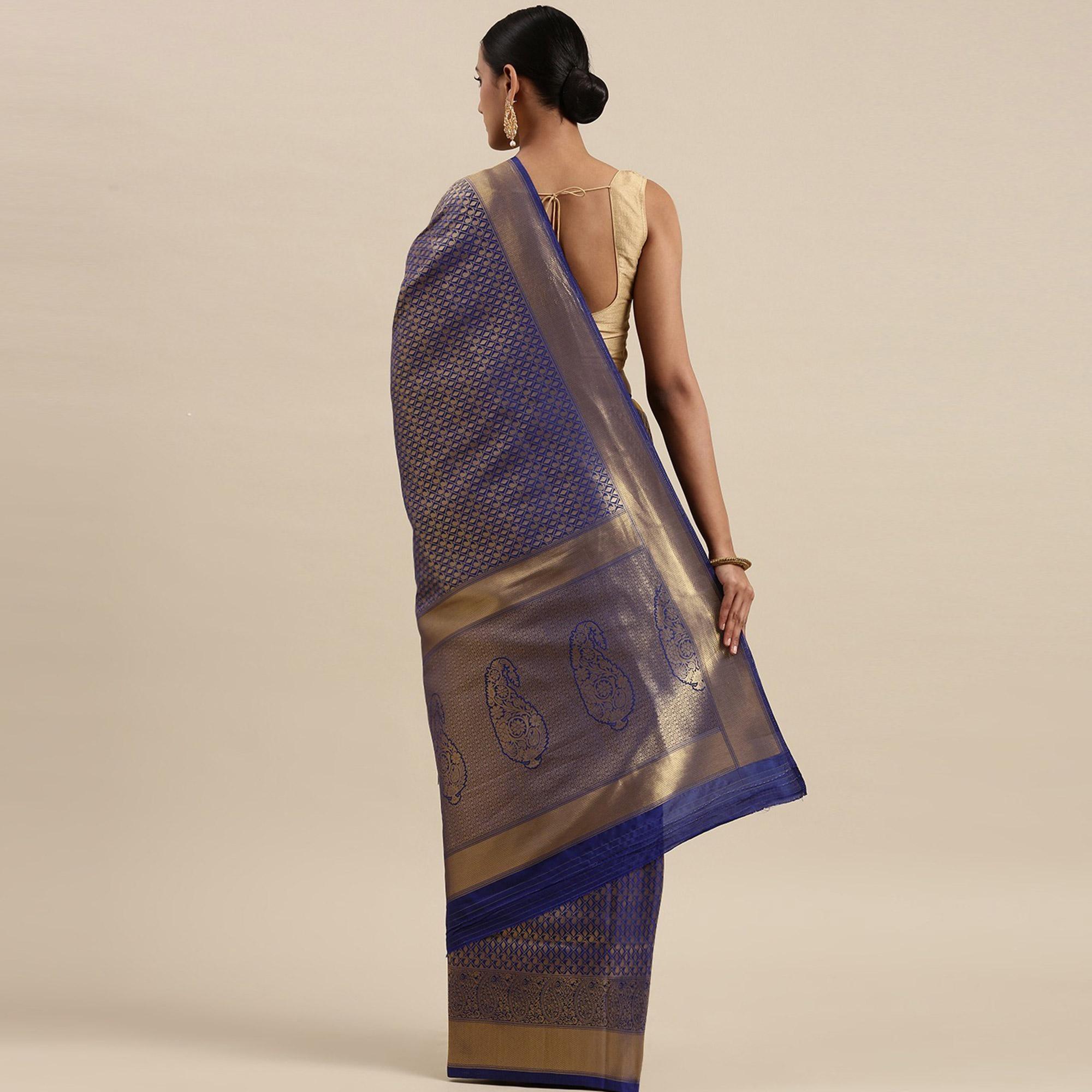 Navy Blue Festive Wear Woven Kanjivaram Silk Saree - Peachmode