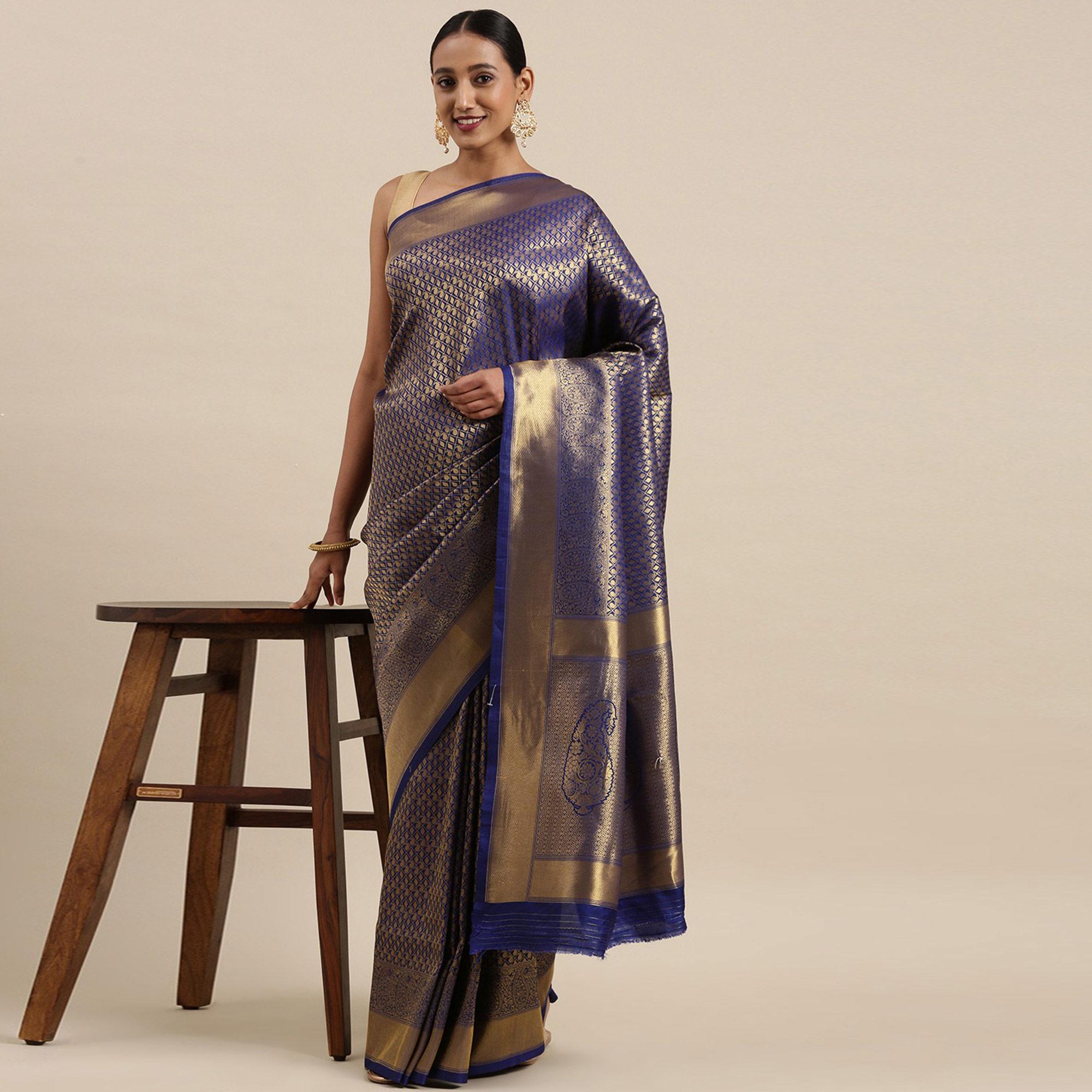 Navy Blue Festive Wear Woven Kanjivaram Silk Saree - Peachmode