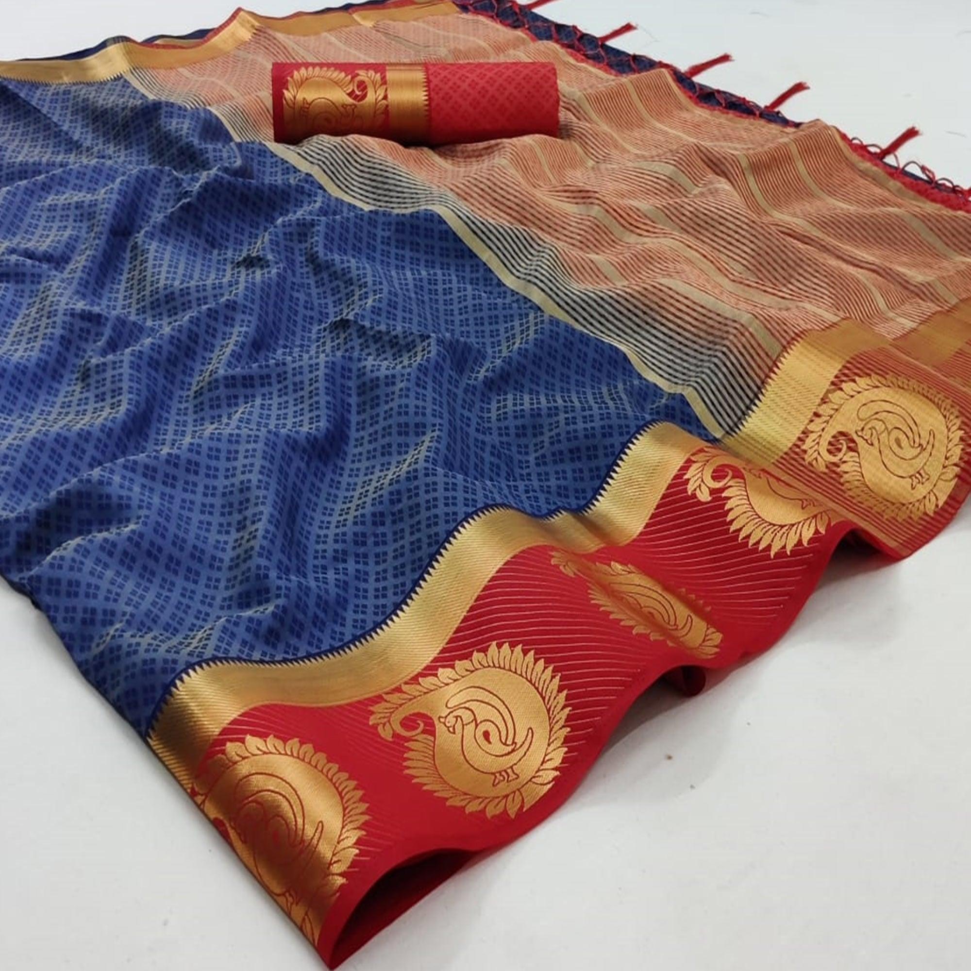 Navy Blue Festive Wear Woven Kanjiwaram Art Silk  Saree - Peachmode