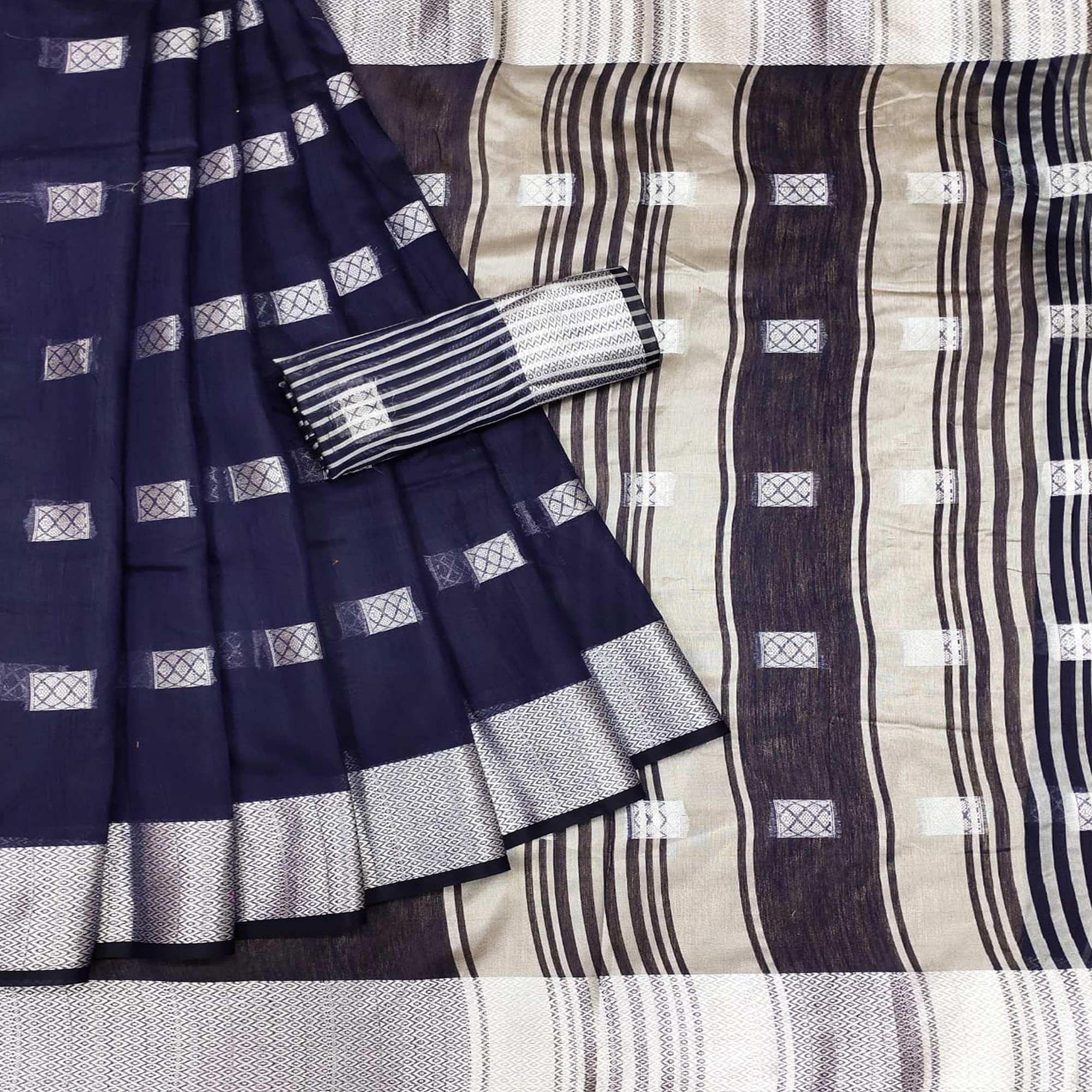Navy Blue Festive Wear Woven Linen Saree - Peachmode