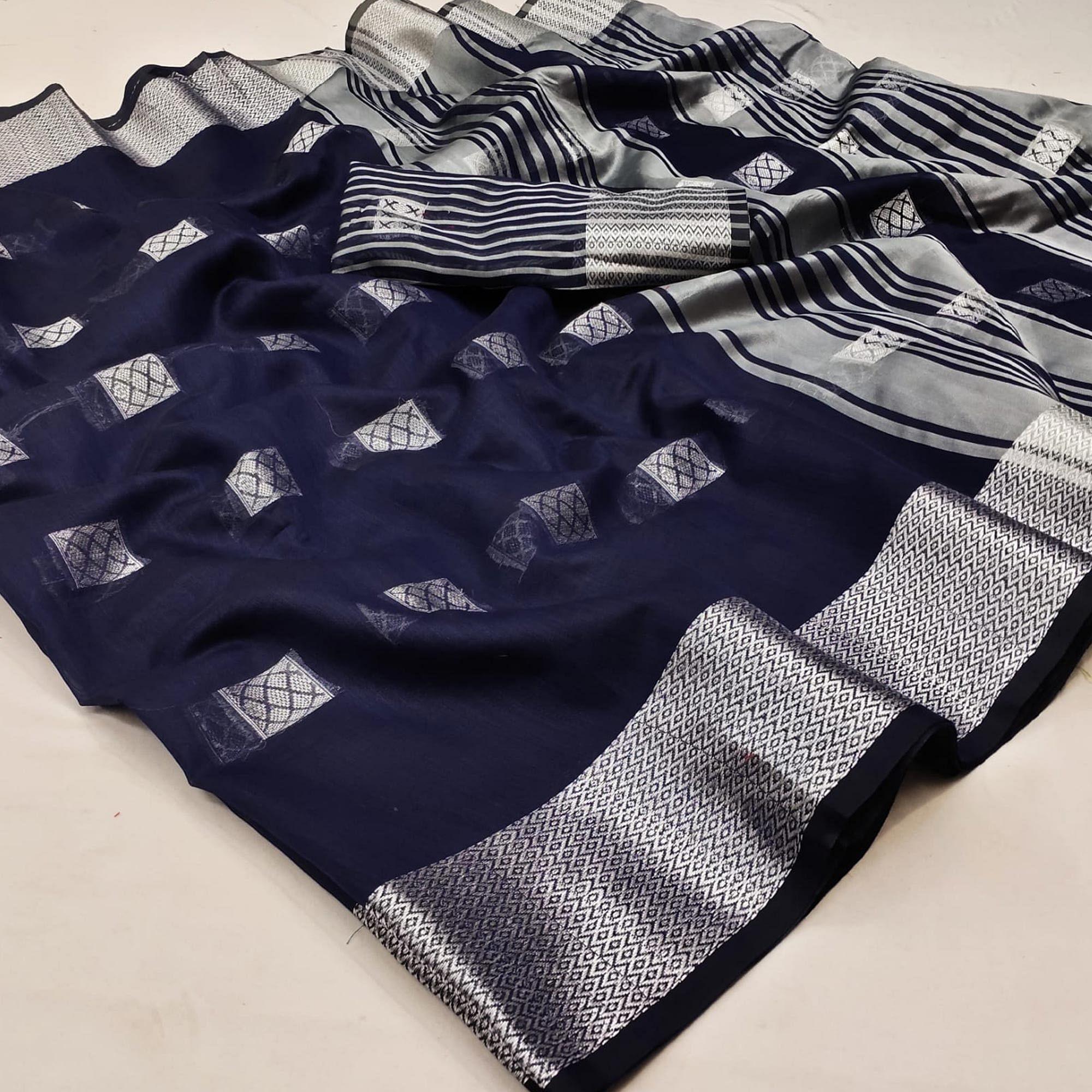 Navy Blue Festive Wear Woven Linen Saree - Peachmode