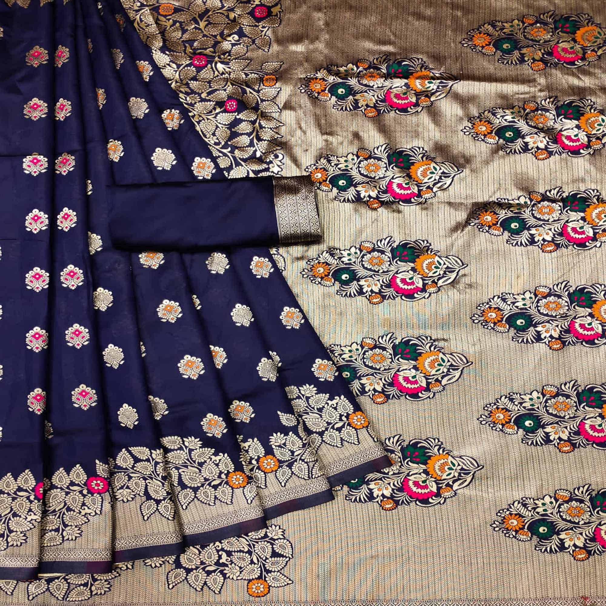 Navy Blue Festive Wear Woven Litchi Silk Saree - Peachmode
