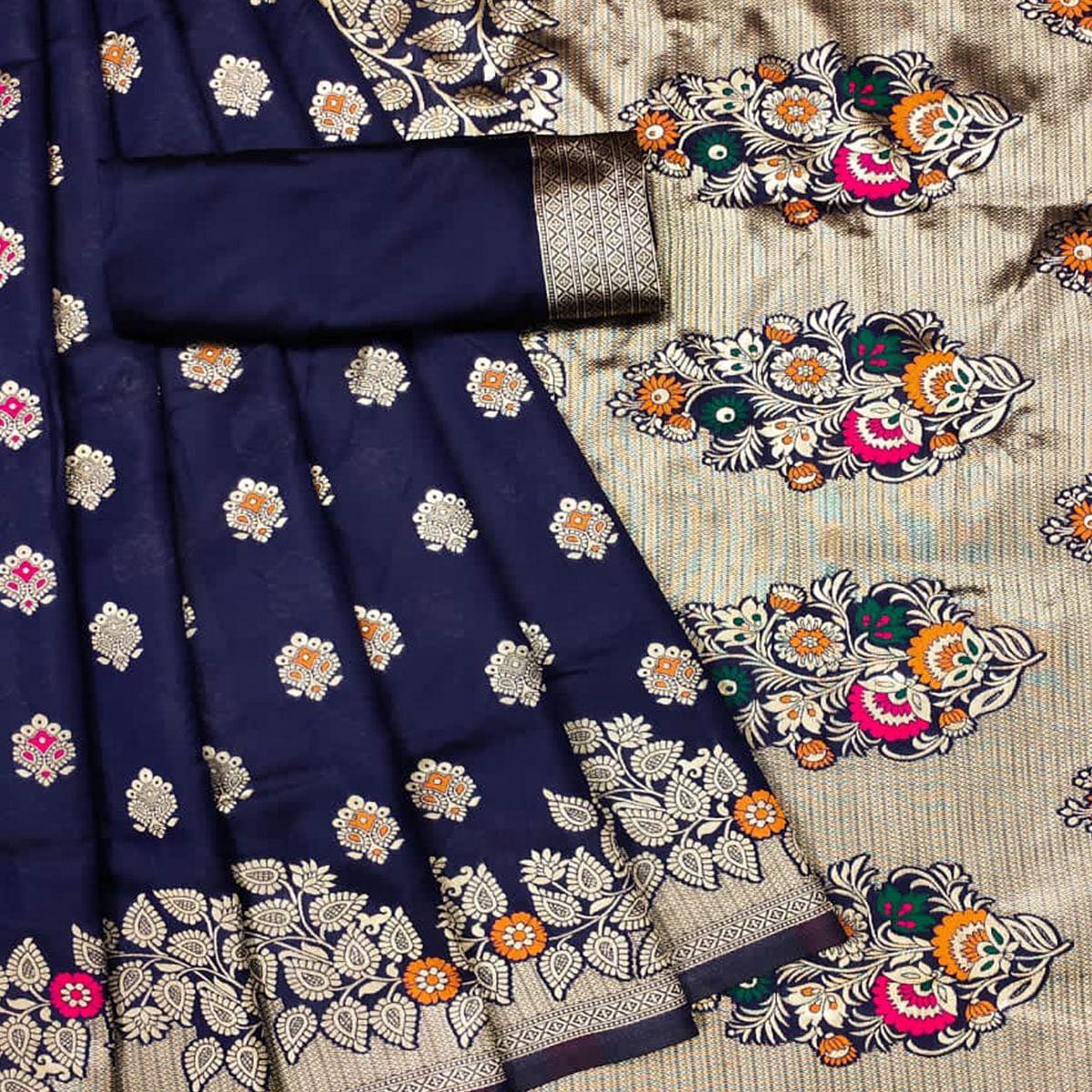 Navy Blue Festive Wear Woven Litchi Silk Saree - Peachmode