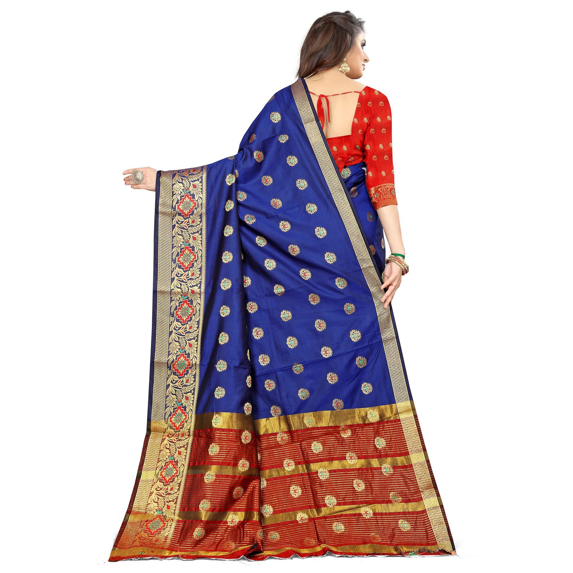 Navy Blue Festive Wear Woven Maithili Silk Saree - Peachmode