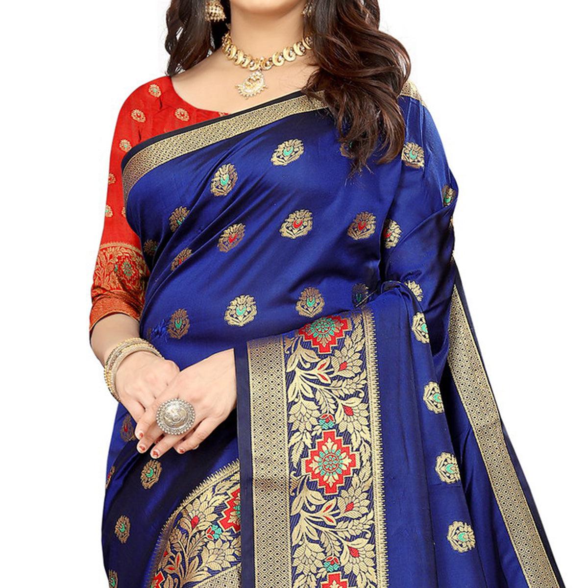 Navy Blue Festive Wear Woven Maithili Silk Saree - Peachmode