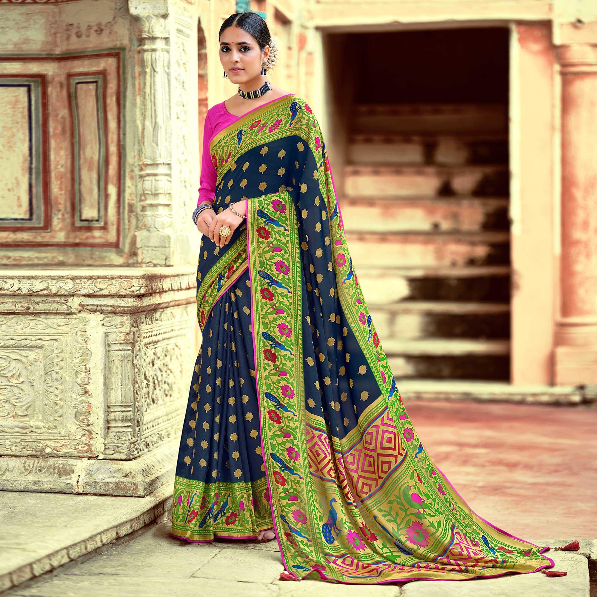 Navy Blue Festive Wear Woven Paithani Silk Brasso Saree - Peachmode