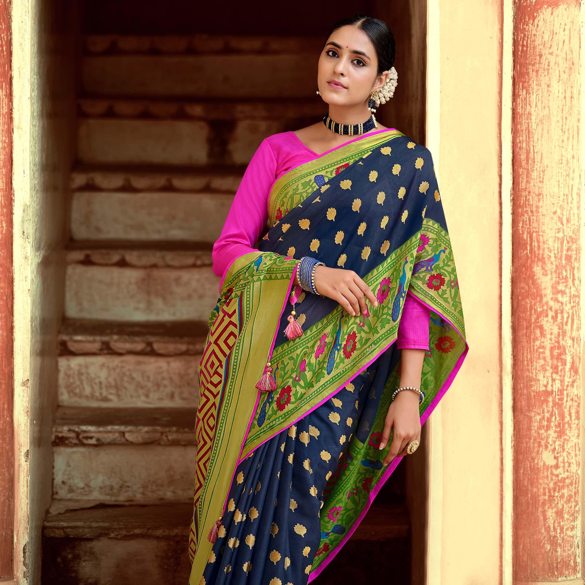 Navy Blue Festive Wear Woven Paithani Silk Brasso Saree - Peachmode
