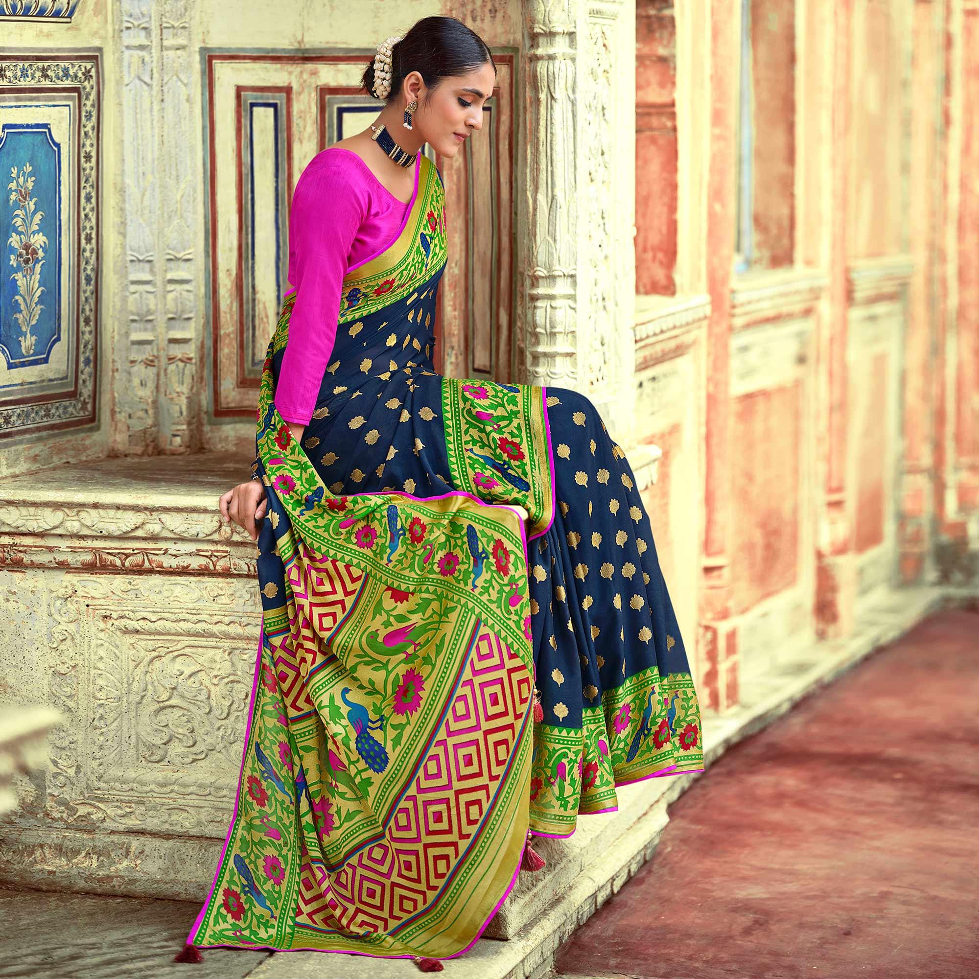 Navy Blue Festive Wear Woven Paithani Silk Brasso Saree - Peachmode
