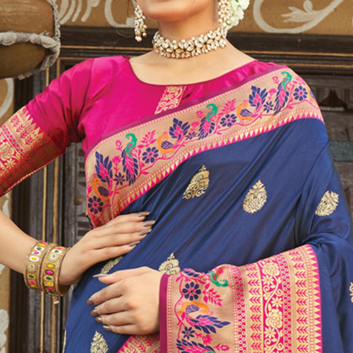 Navy Blue Festive Wear Woven Paithani Silk Saree - Peachmode