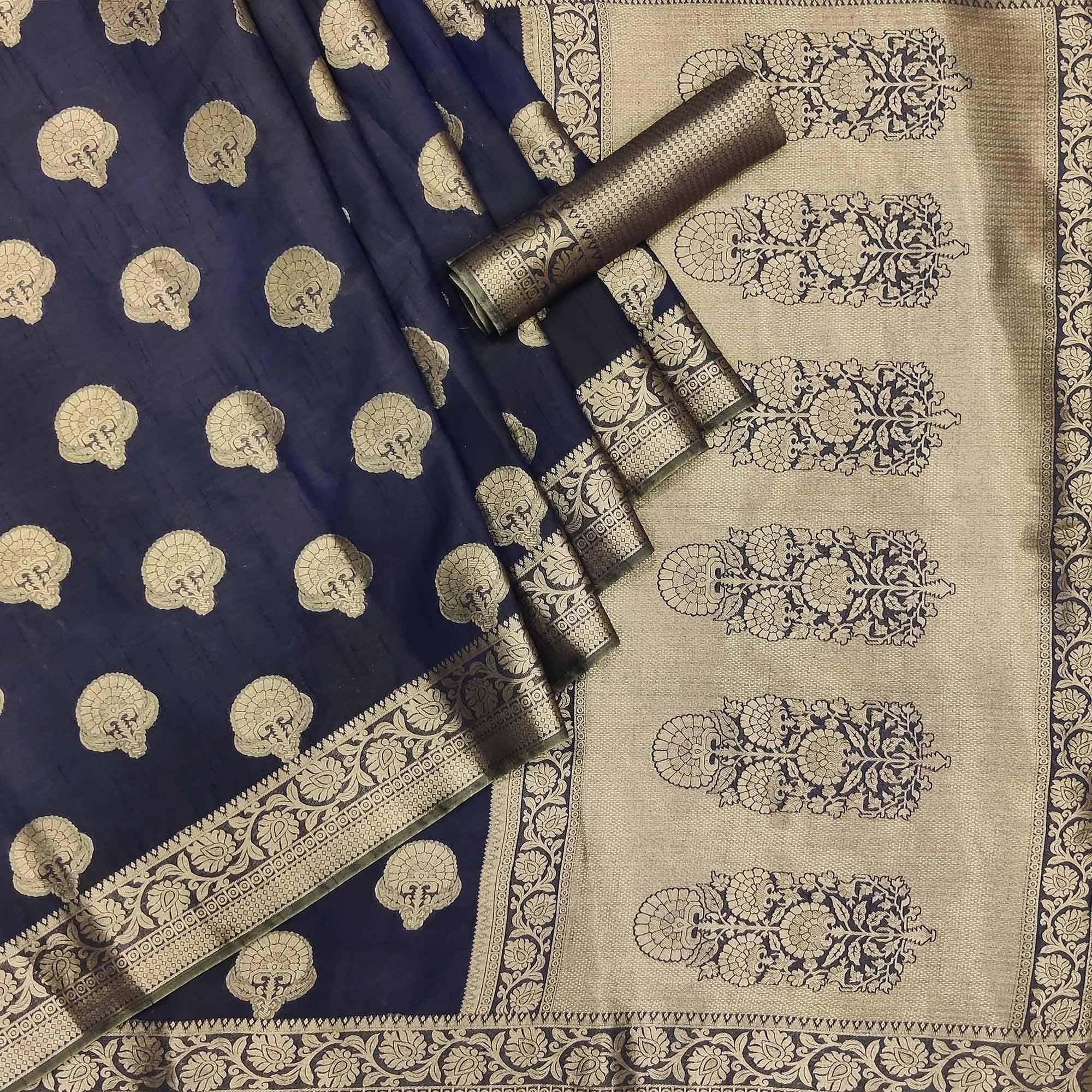 Navy Blue Festive Wear Woven Raw Silk Saree - Peachmode
